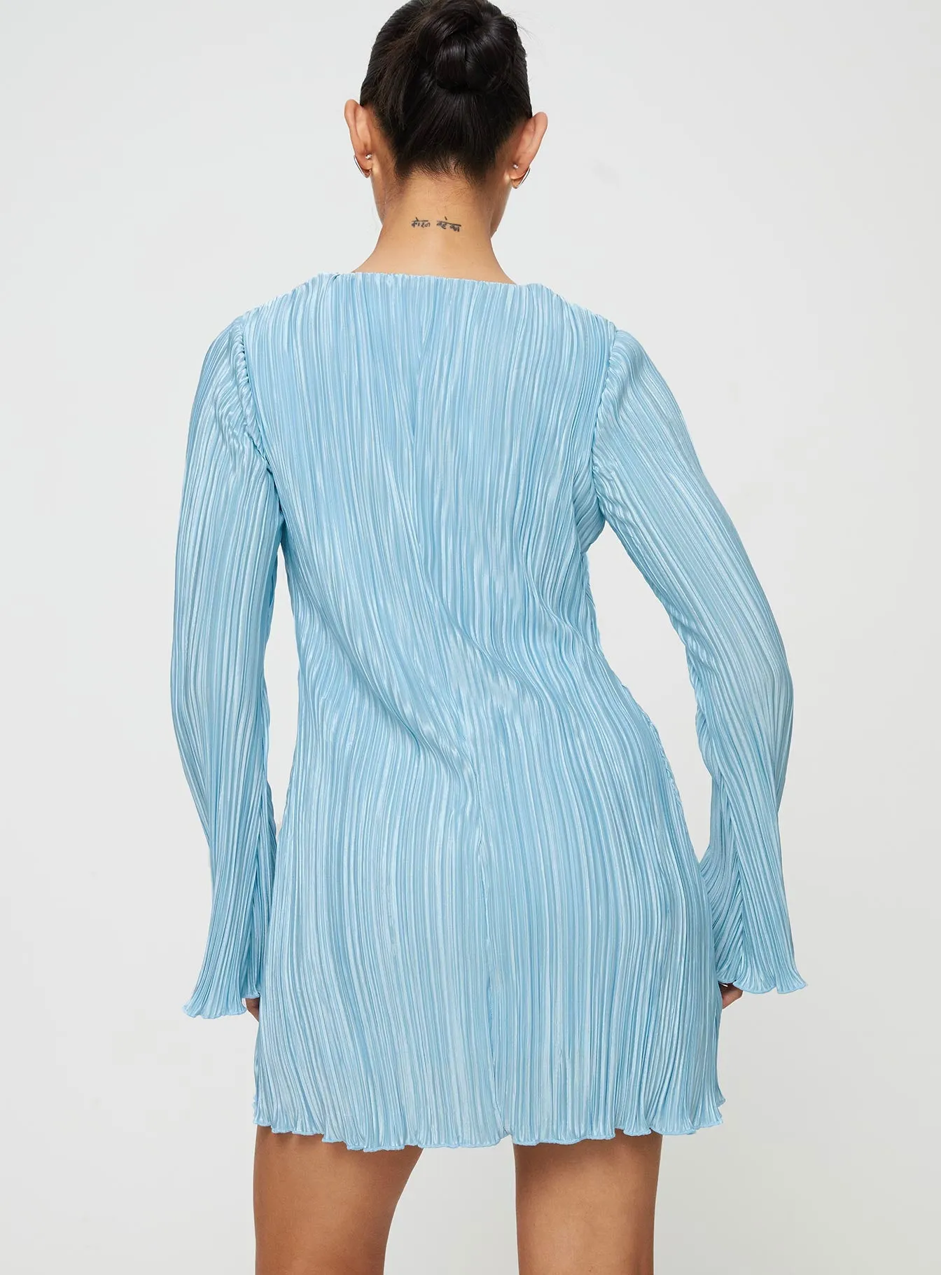 Pure Aesthetic Fitted Mood Malop Long Sleeve Mini Dress Blue