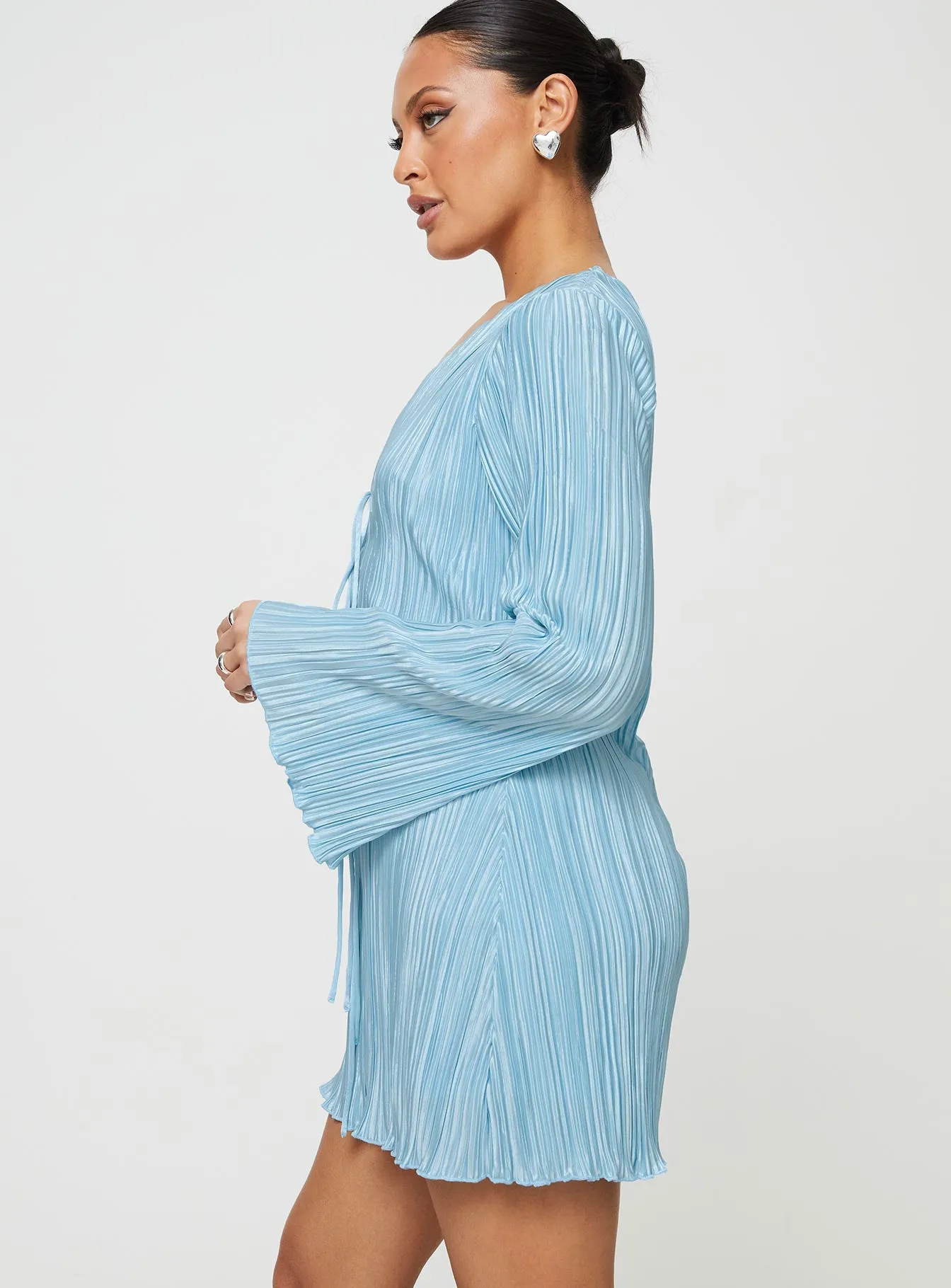 Tailored Waistband Malop Long Sleeve Mini Dress Blue