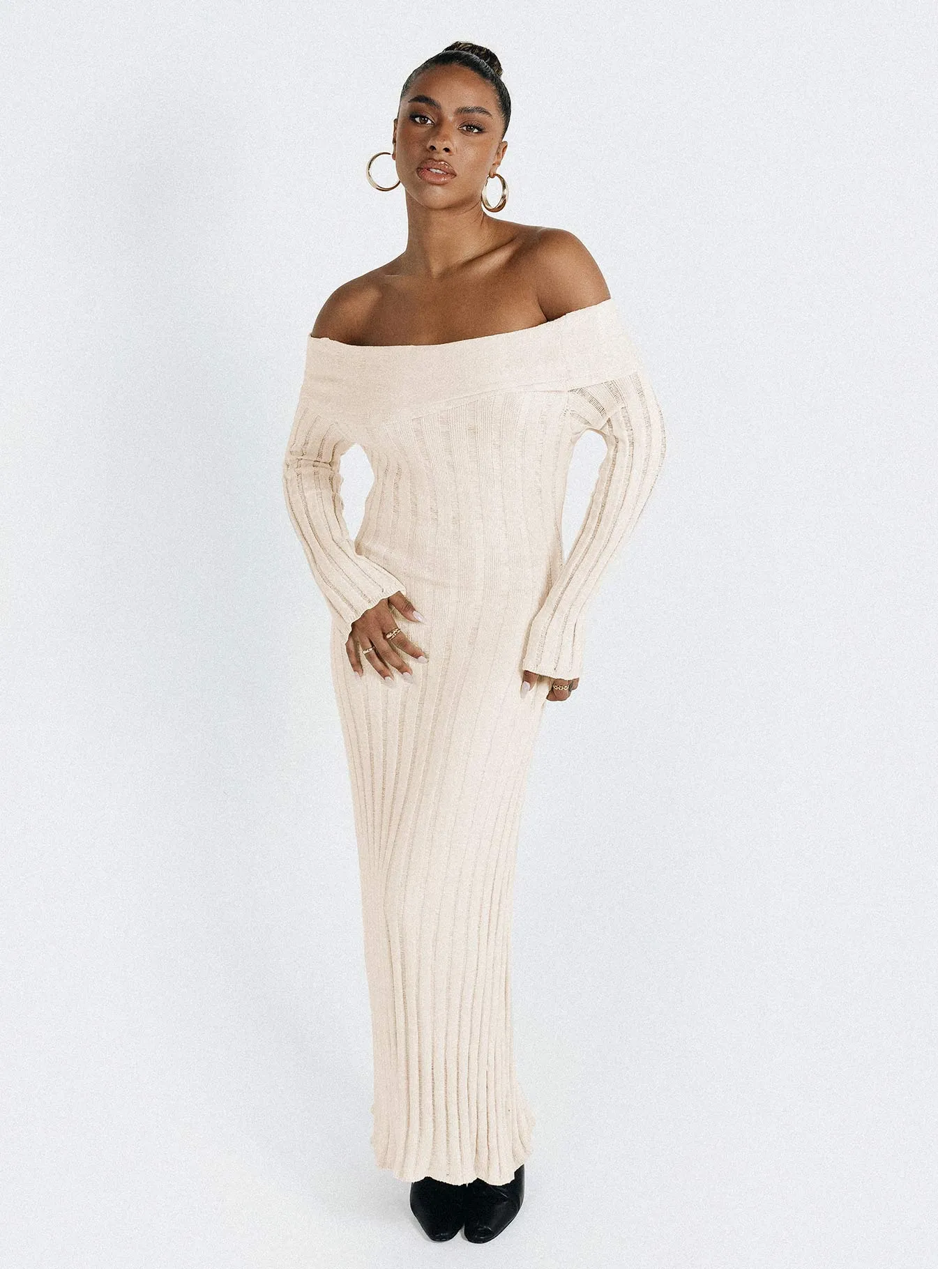 Lefler Off The Shoulder Maxi Dress Beige All Gender Fit Open-back