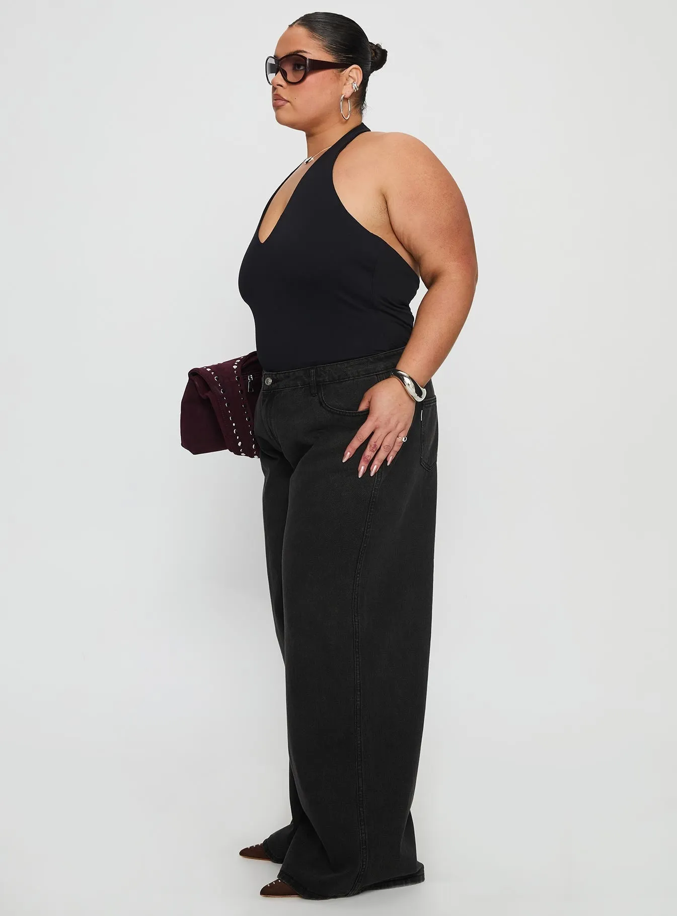 Soft Touch Wrinklefree Ramos Low Rise Wide Leg Jeans Washed Black Curve