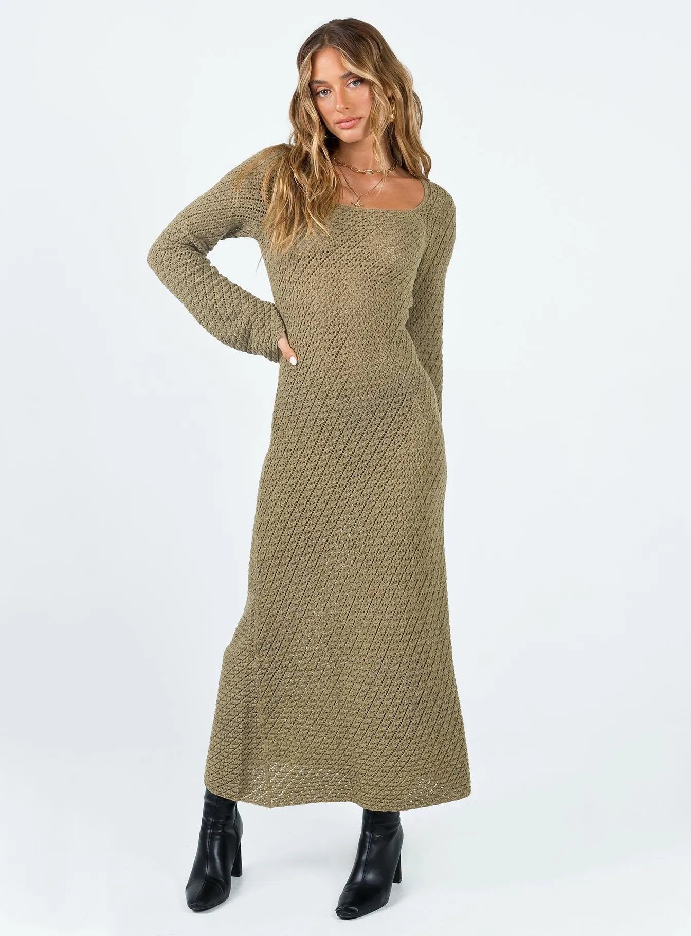 Lorena Long Sleeve Maxi Dress Khaki Work Vibe Bridal-Shower