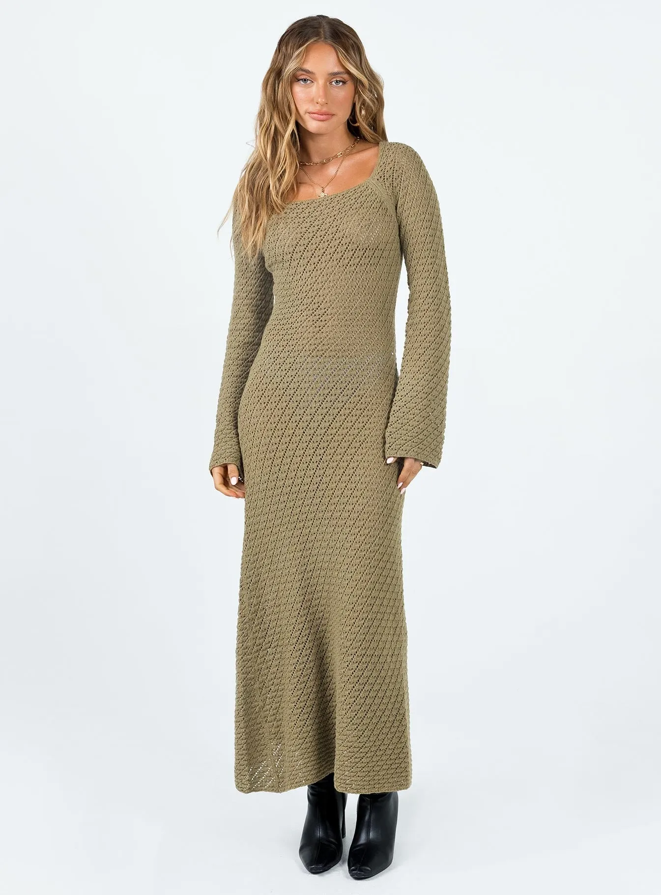 Flexible Fabric Soft Material Lorena Long Sleeve Maxi Dress Khaki