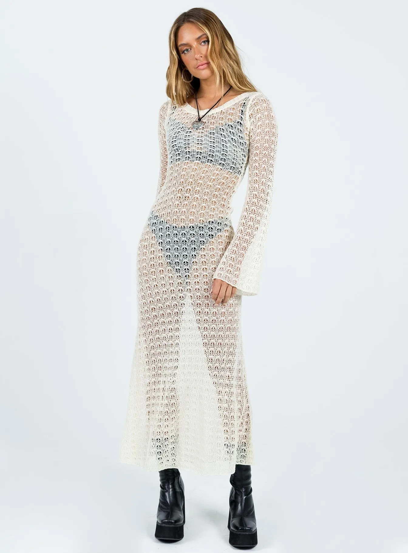 Margarida Crochet Maxi Dress Beige Straight-Cut Skin-friendly