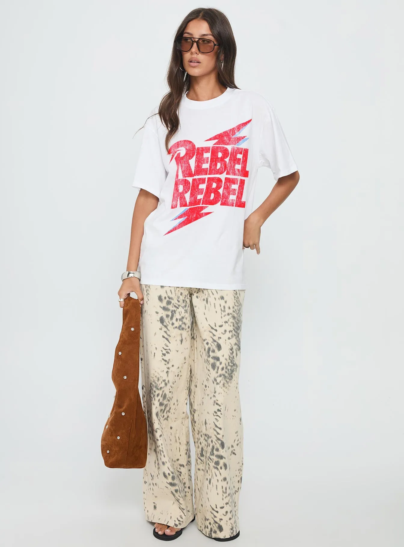 Basic Top Essential Casual Rebel Rebel Oversized Graphic Top White