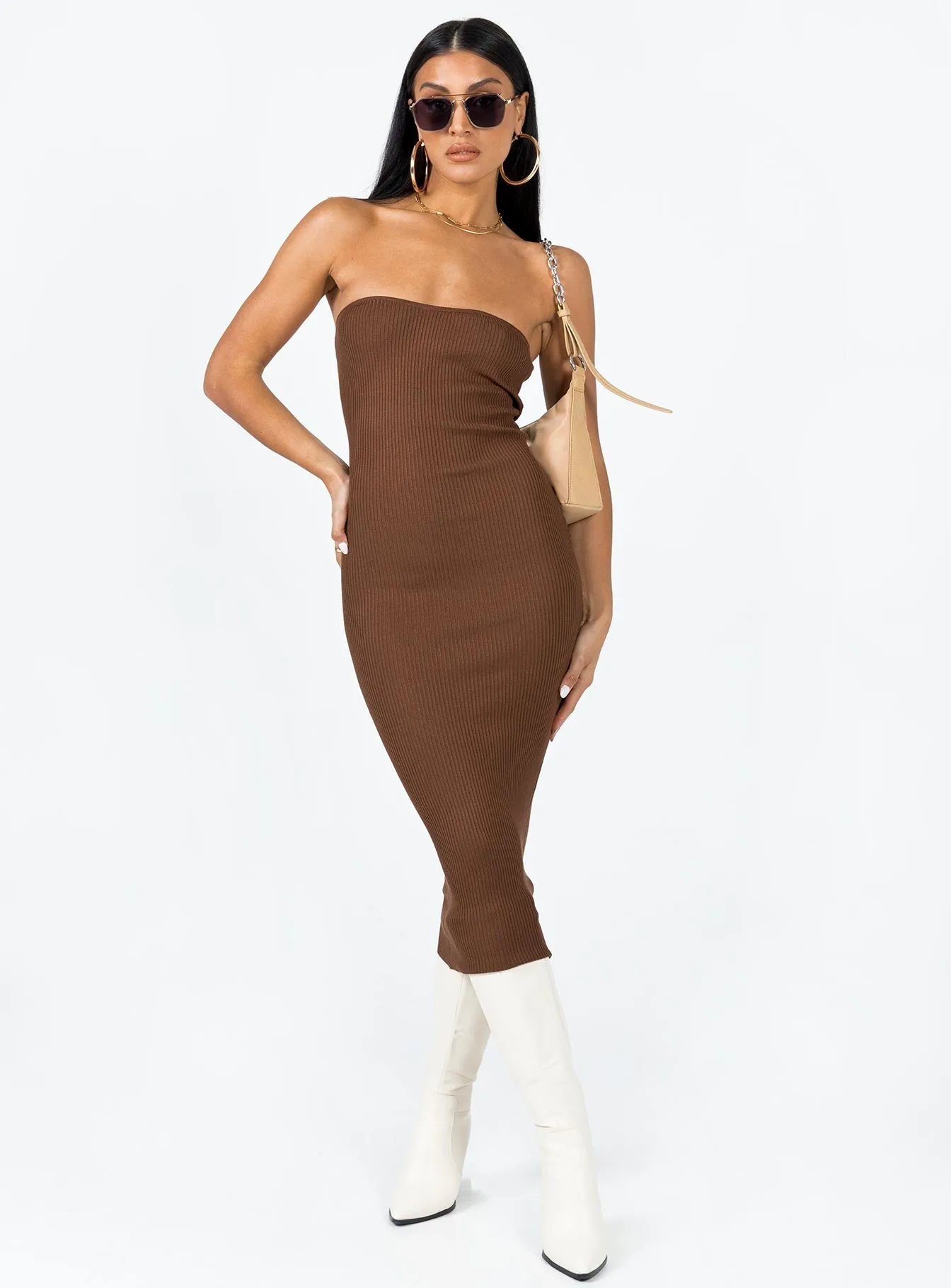 Elegant Finish Fit Waist Paige Strapless Maxi Dress Brown