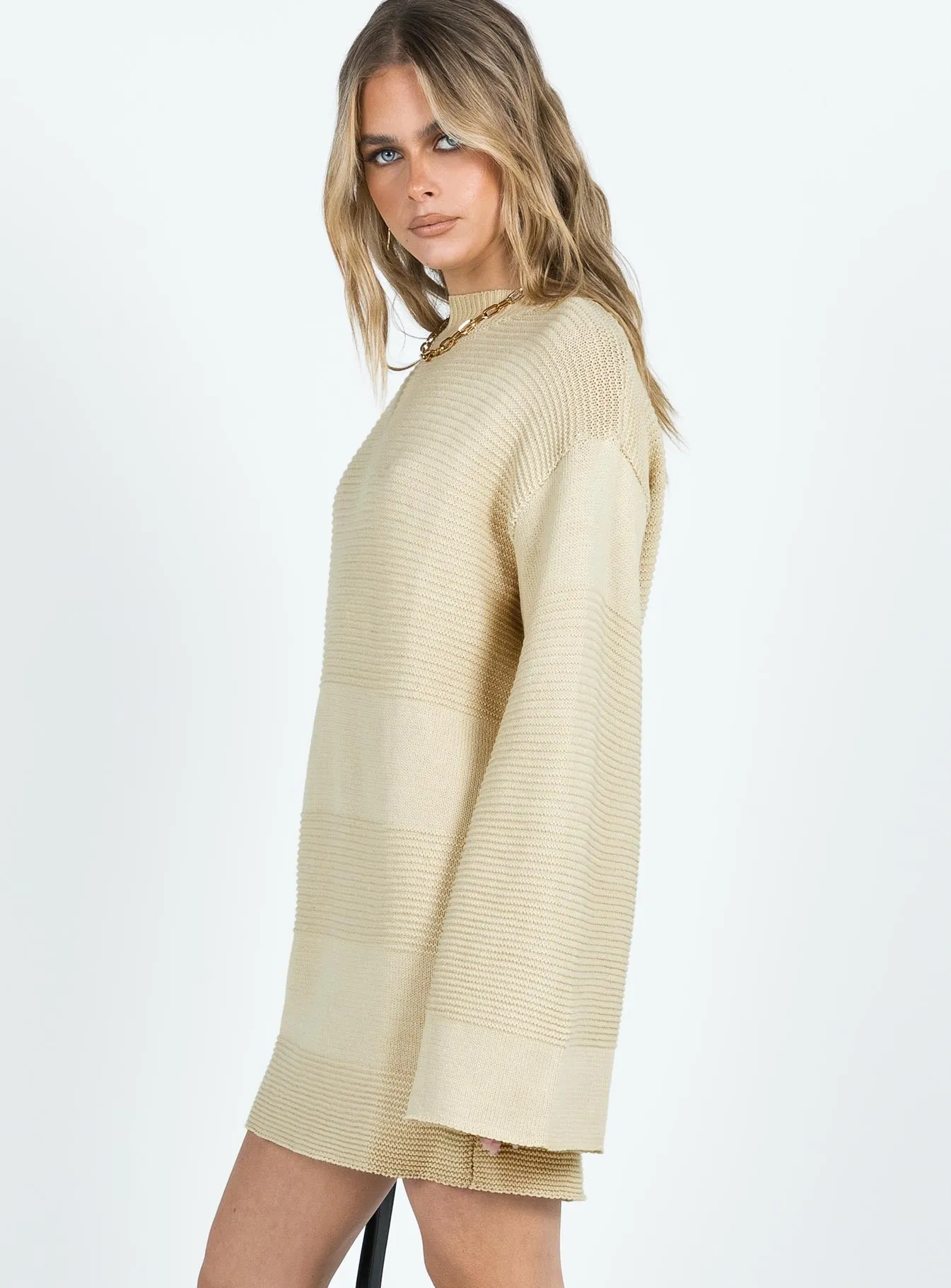 Cheyenne Knit Sweater Dress Beige Functional-Design Ruffle Detail