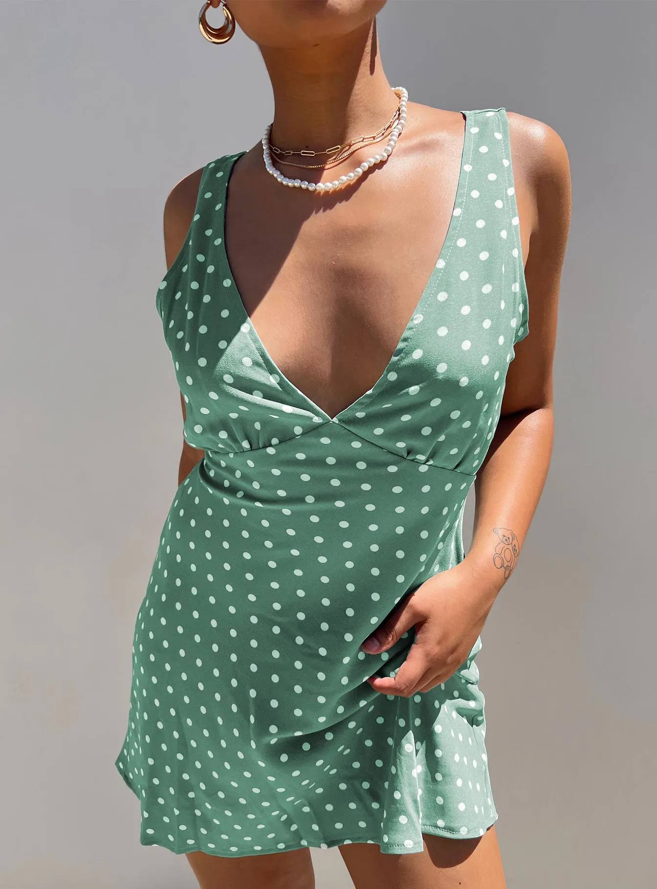 Cozy Style Nellie Mini Dress Green Polka Dot