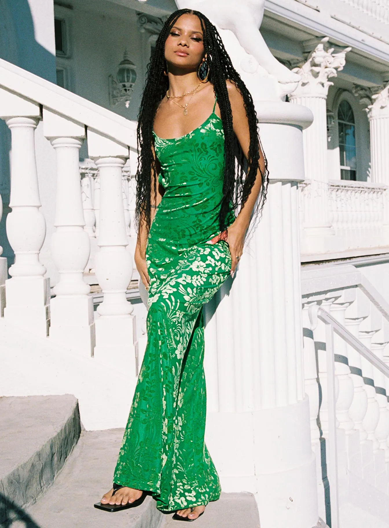 Burn Out Velvet Maxi Dress Green Bell-Sleeve Mature Glam