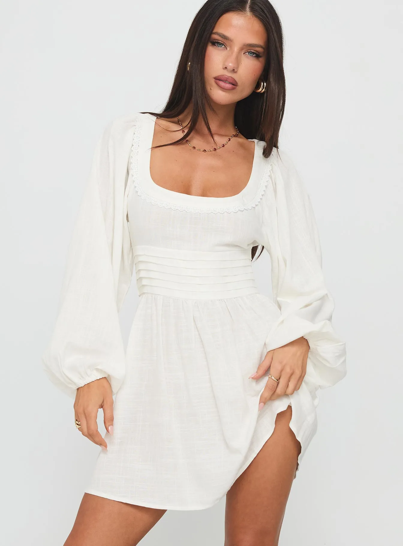 Drawstring-Waist Weyes Long Sleeve Mini Dress White