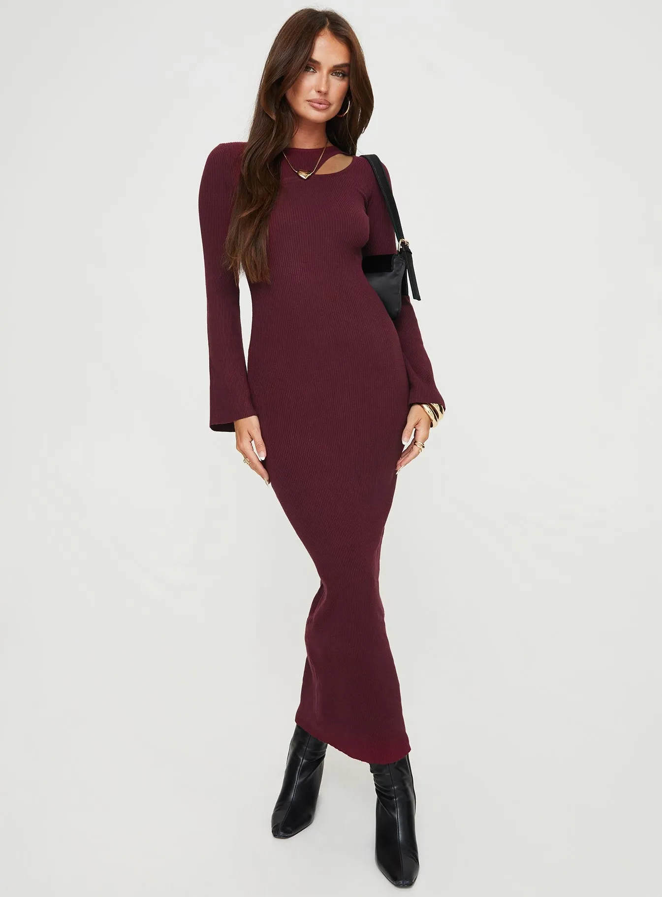Tie-Detail Rydelle Cut Out Knit Maxi Dress Maroon