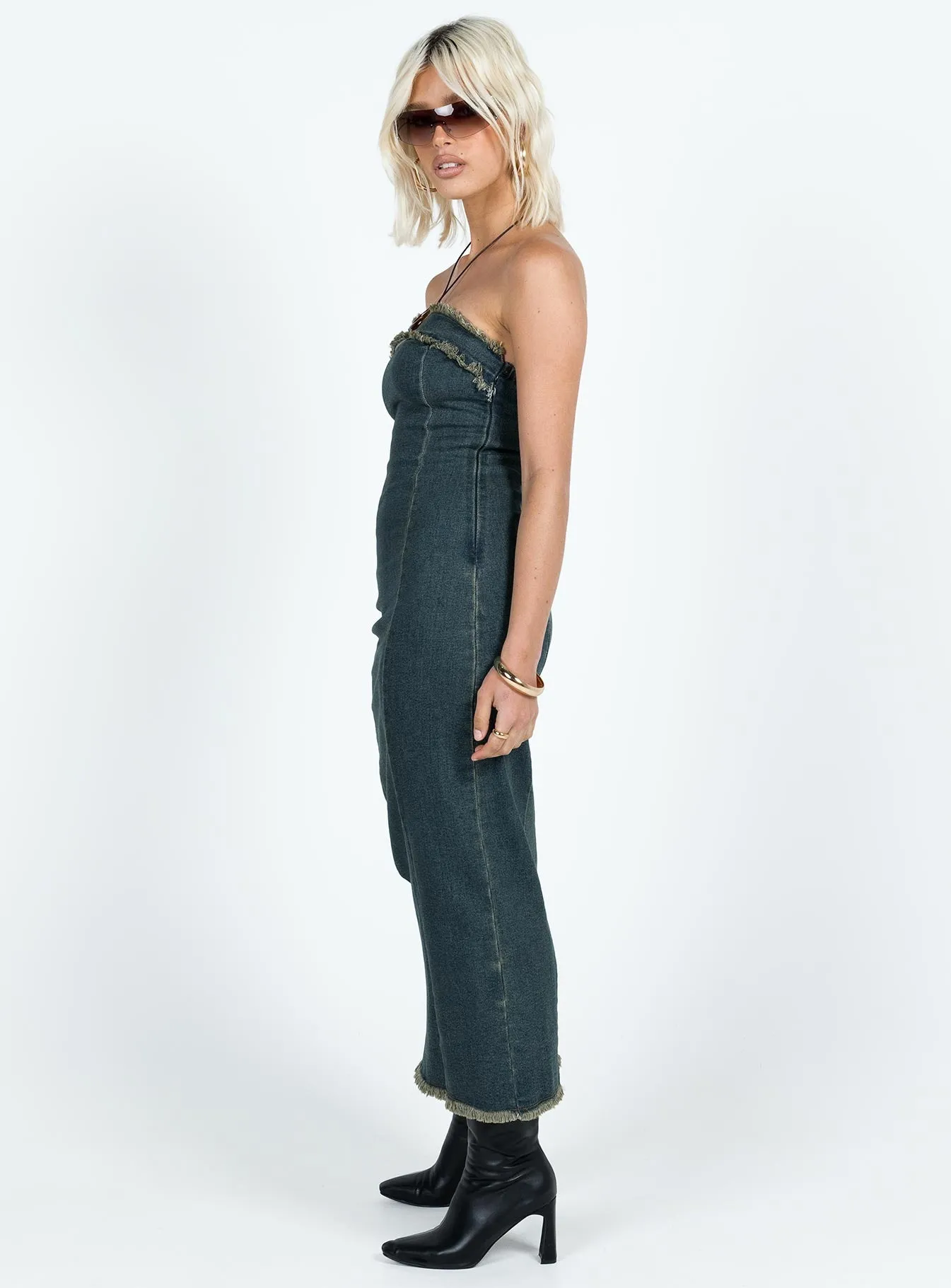 Atun Bandeau Maxi Dress Blue Acid Wash Edgy Look Chilly Comfort