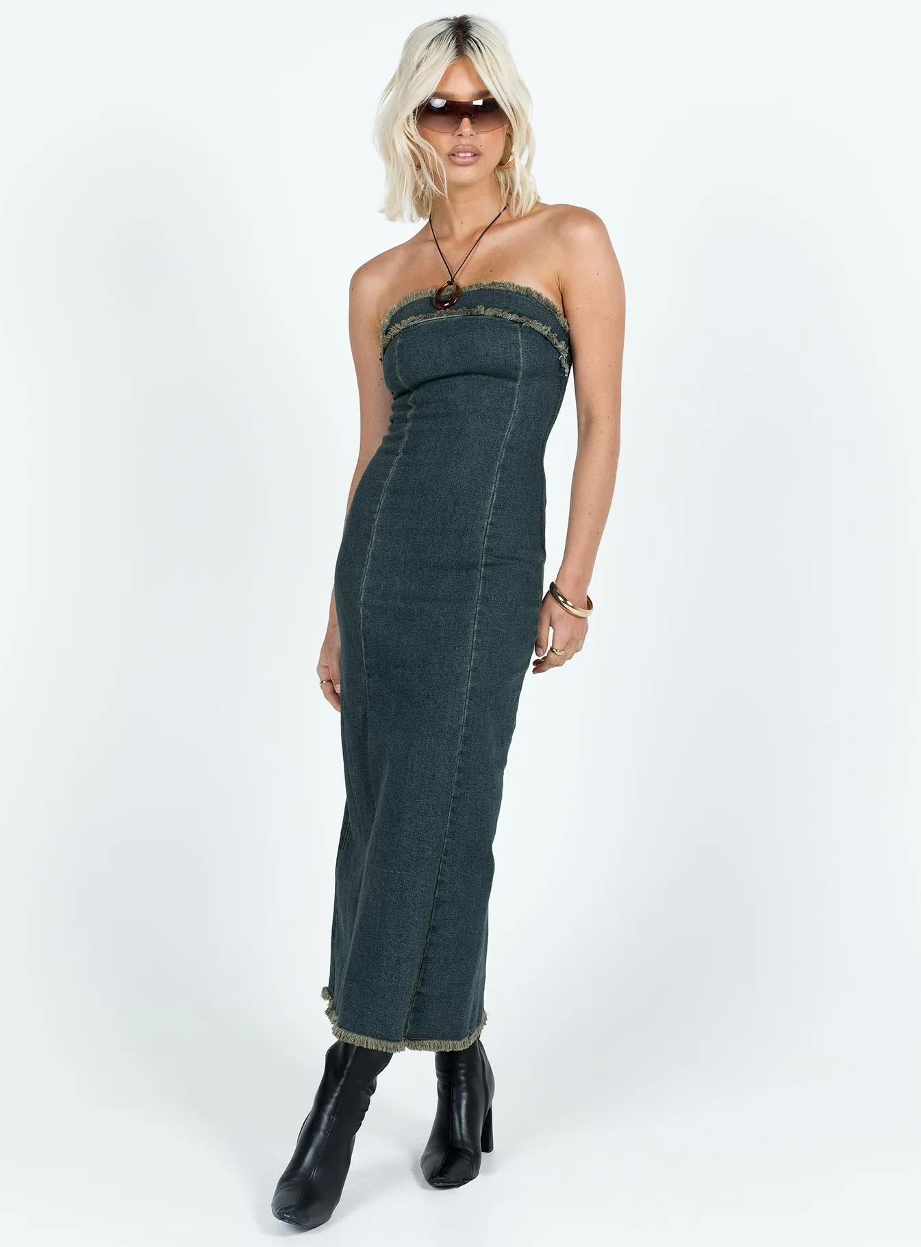 Stylish Layer Atun Bandeau Maxi Dress Blue Acid Wash