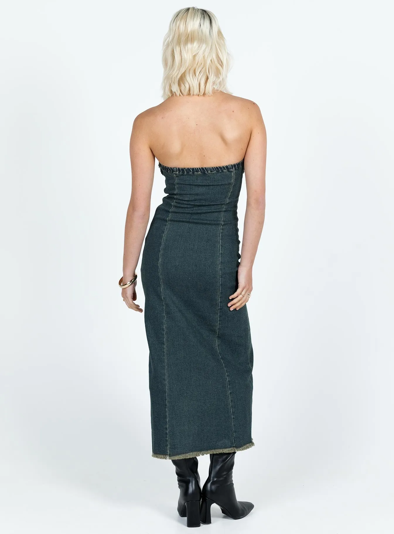 Modern Waist Design Everyday Use Atun Bandeau Maxi Dress Blue Acid Wash
