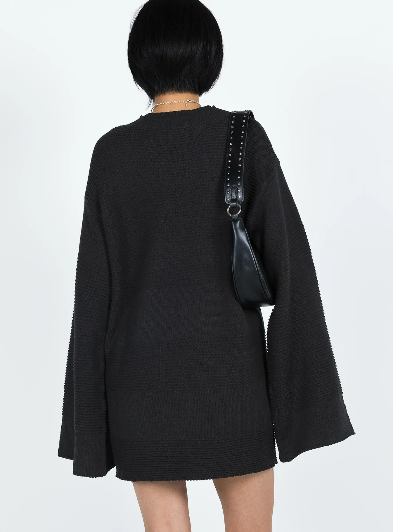 Cheyenne Knit Jumper Dress Black Flutter-Sleeve Sleek Draping