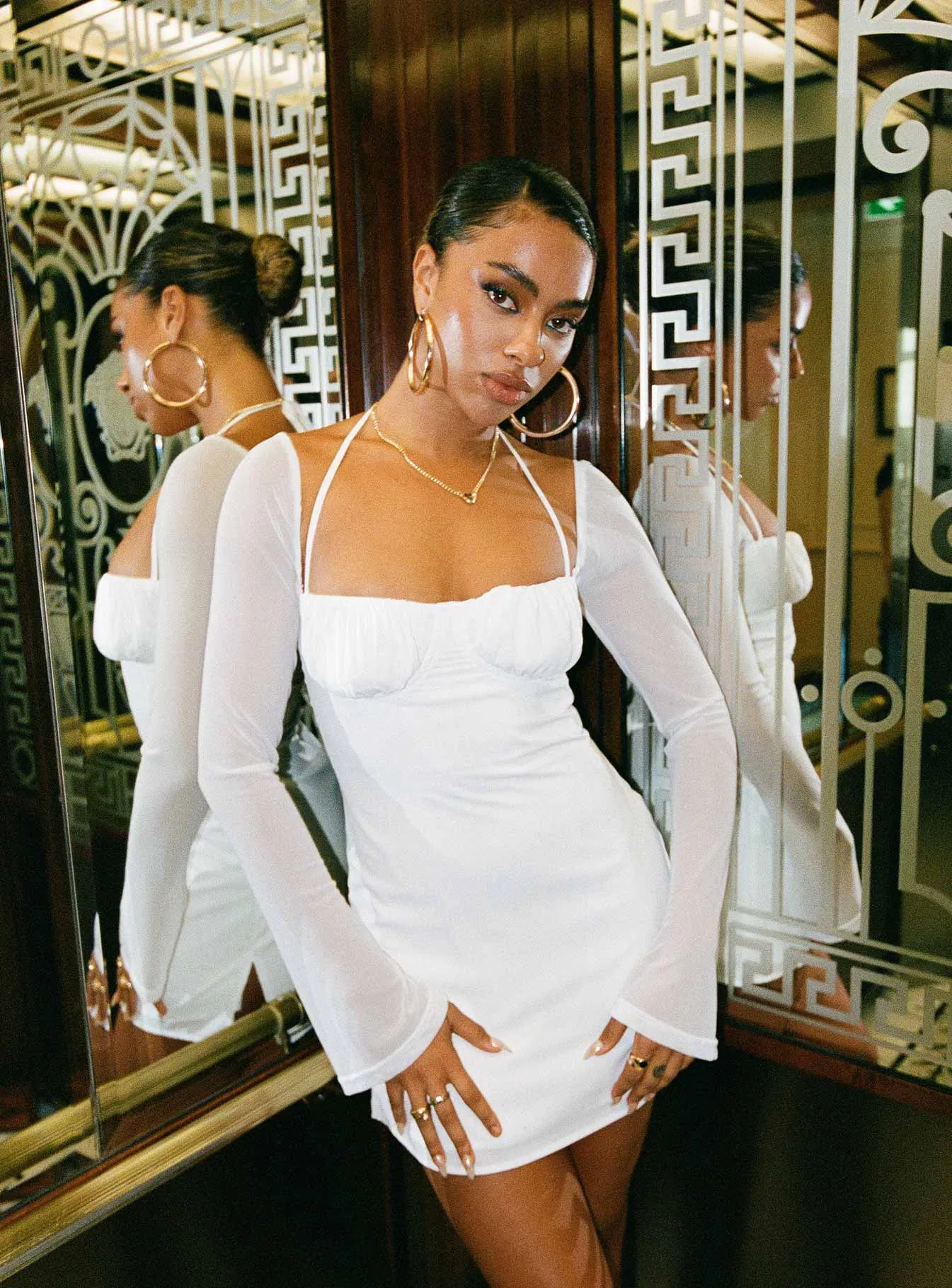 Dyer Sheer Sleeve Mini Dress White Casual event outfit