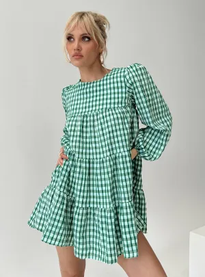 Miami Long Sleeve Mini Dress Green Check Flattering Shape Hidden Zipper