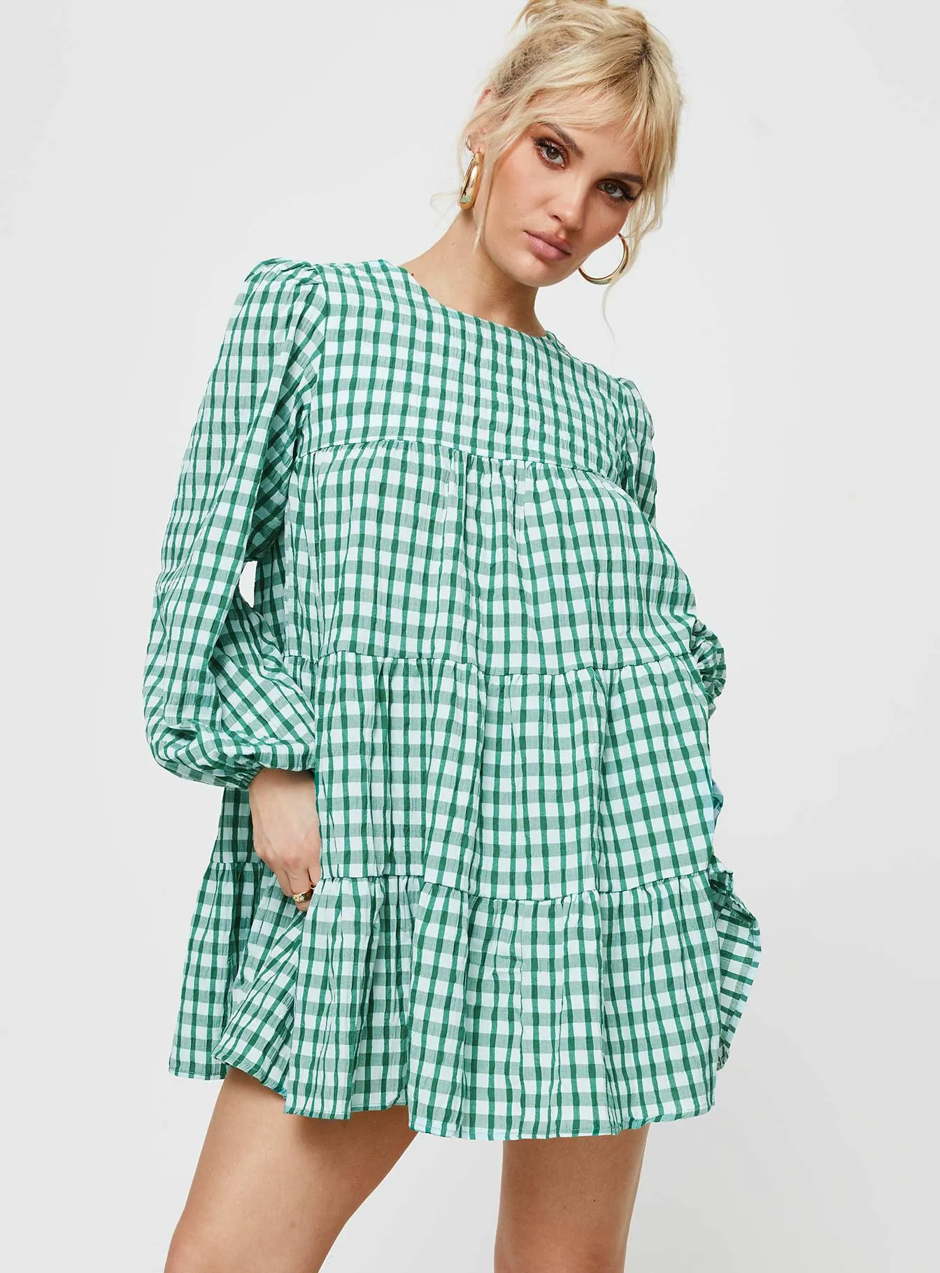 Bright Feel Evening Classic Miami Long Sleeve Mini Dress Green Check