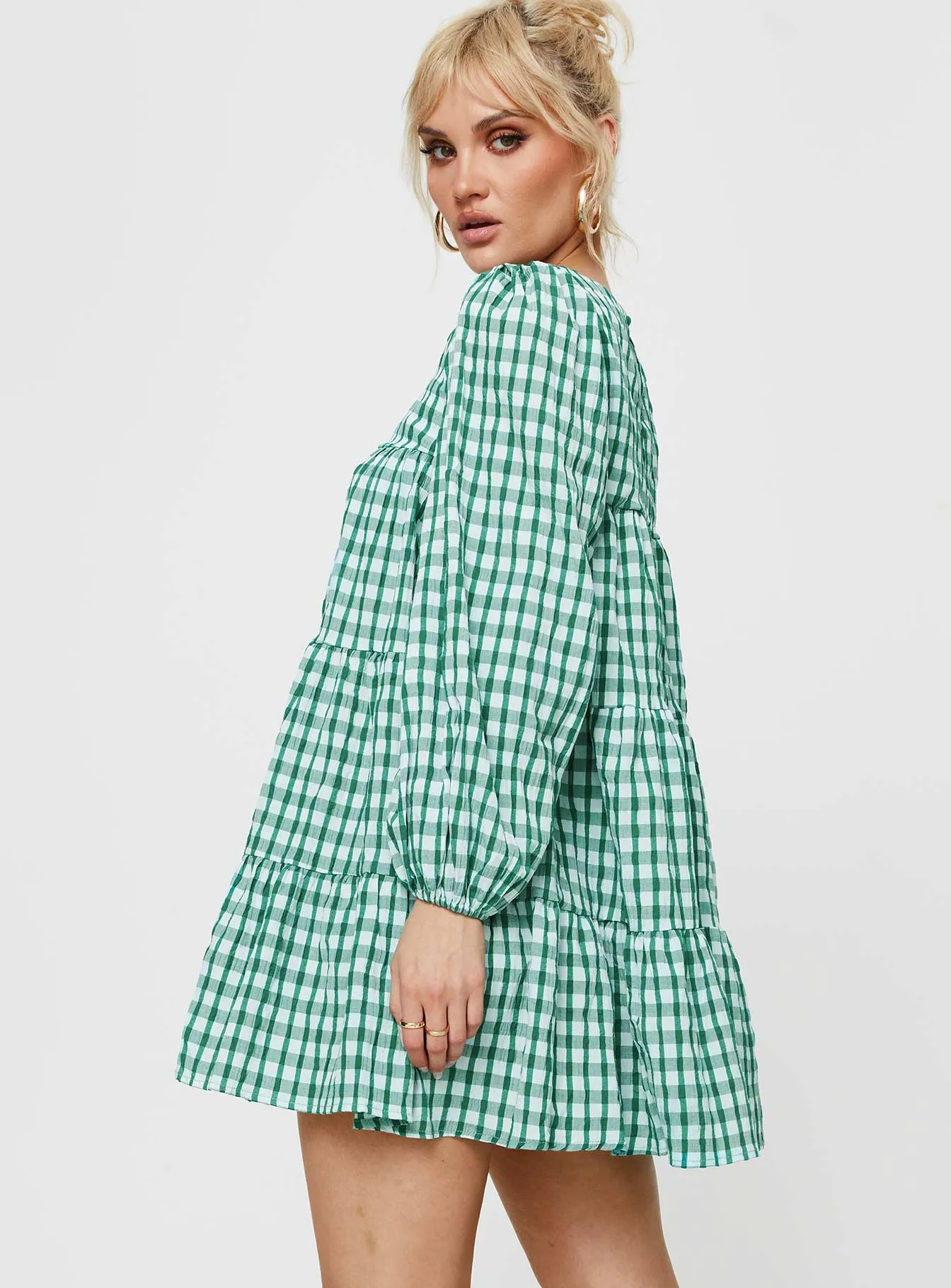 retro-style Miami Long Sleeve Mini Dress Green Check