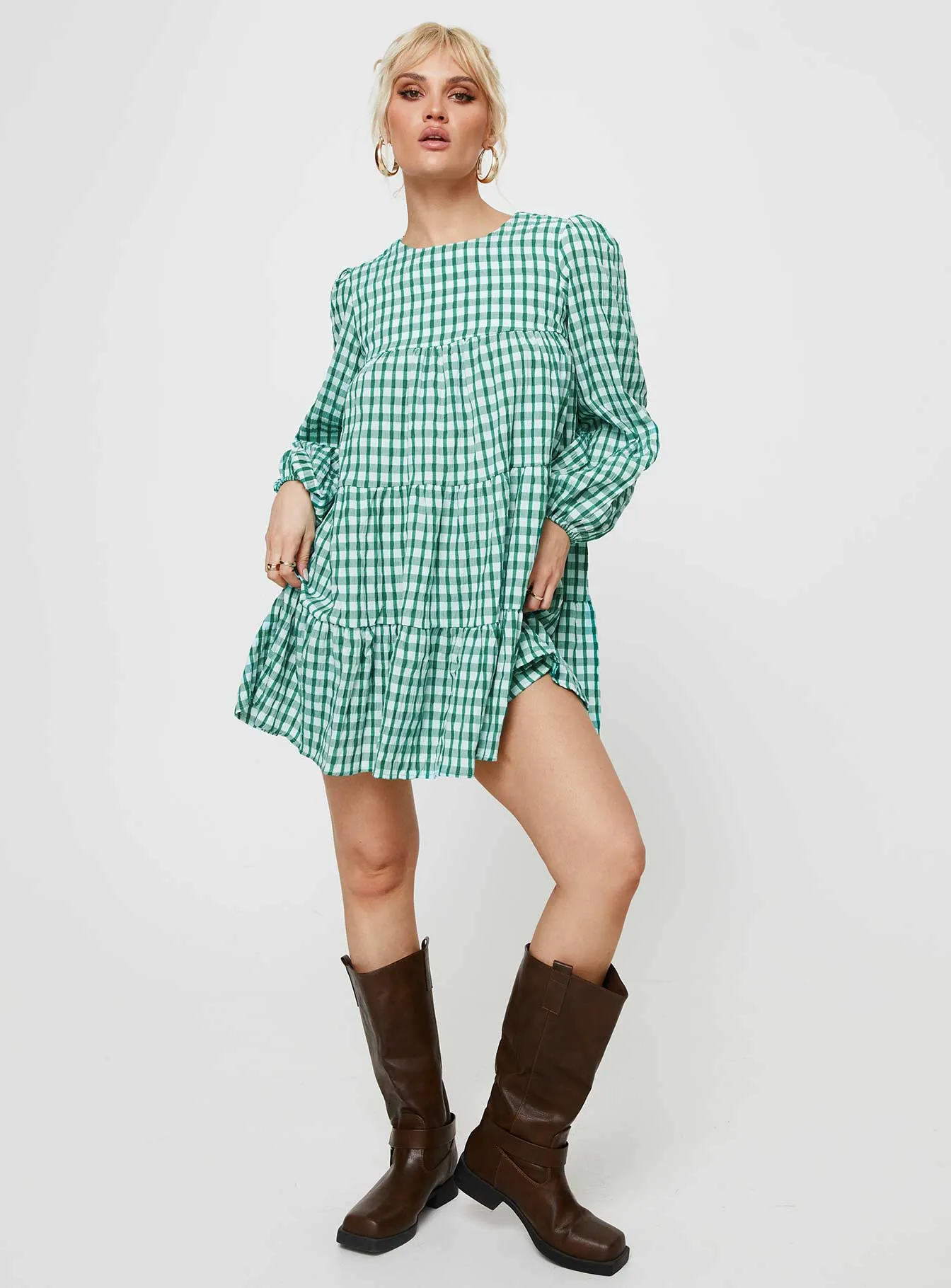 Miami Long Sleeve Mini Dress Green Check Soft Curve