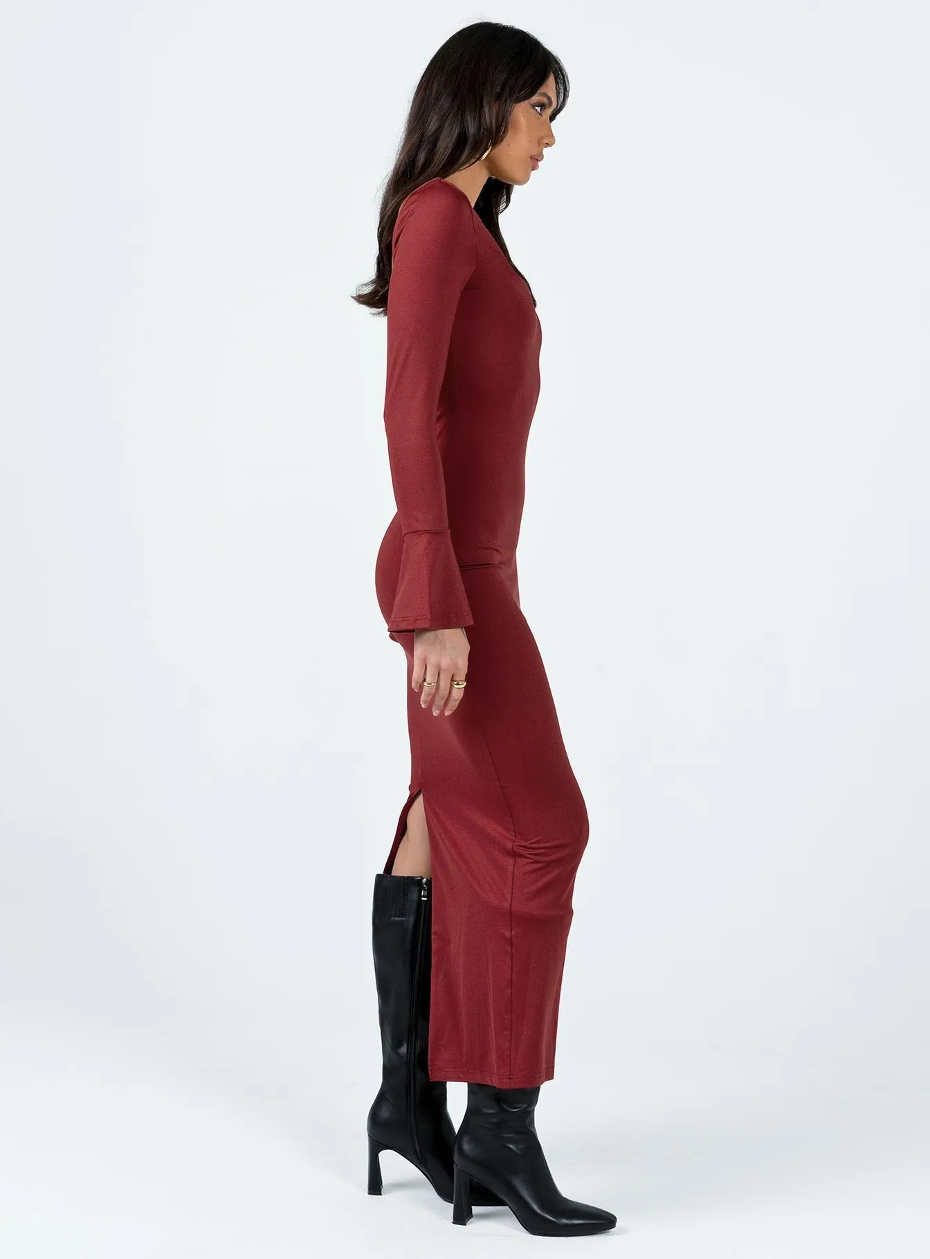 Natural Wrap Gentle Fit Belfa Long Sleeve Maxi Dress Burgundy