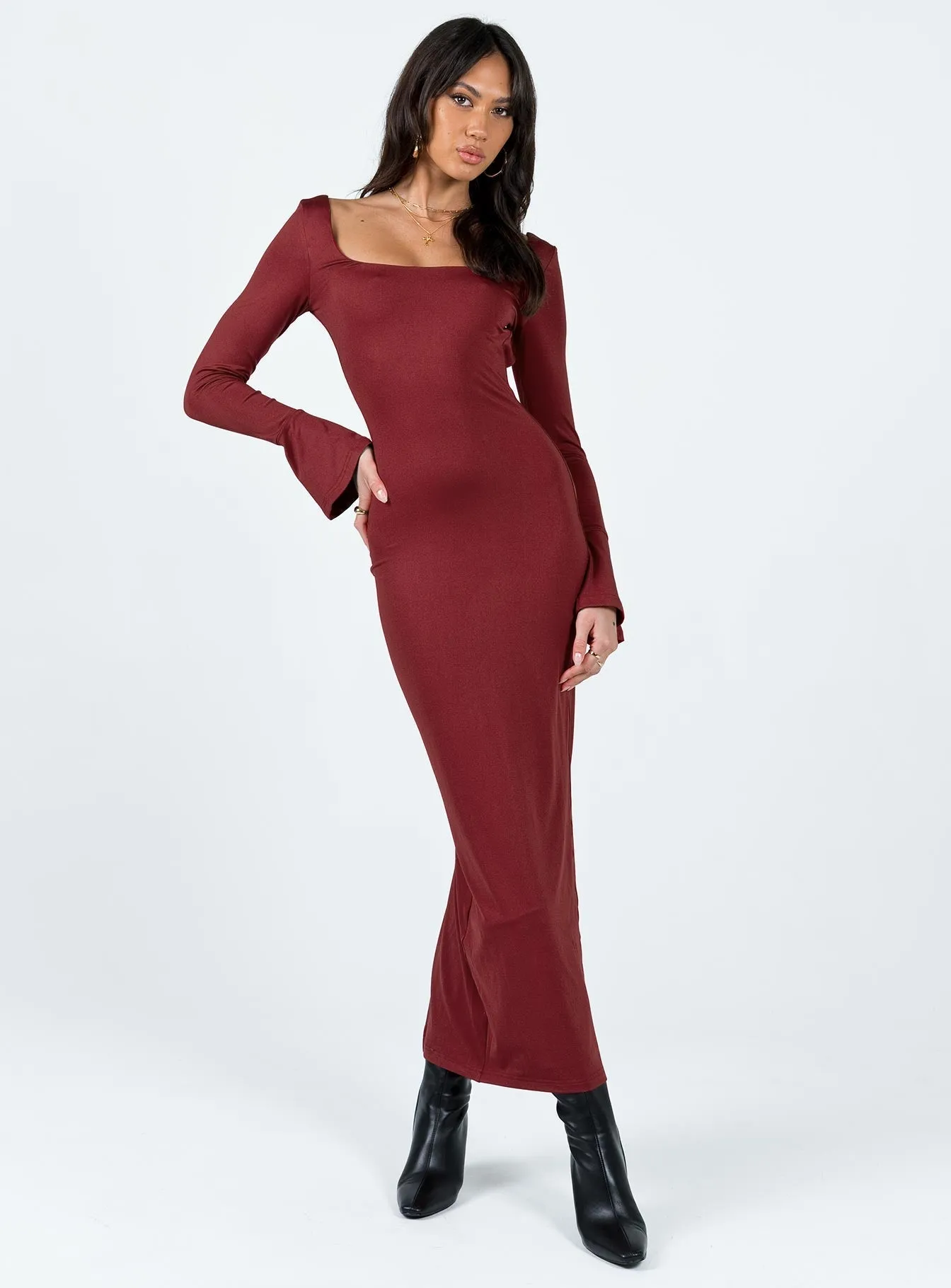 Lightweight-Lining Belfa Long Sleeve Maxi Dress Burgundy