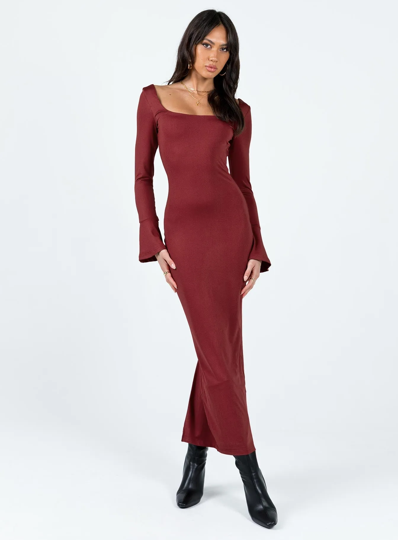 Belfa Long Sleeve Maxi Dress Burgundy Joyful Look Smile Feel