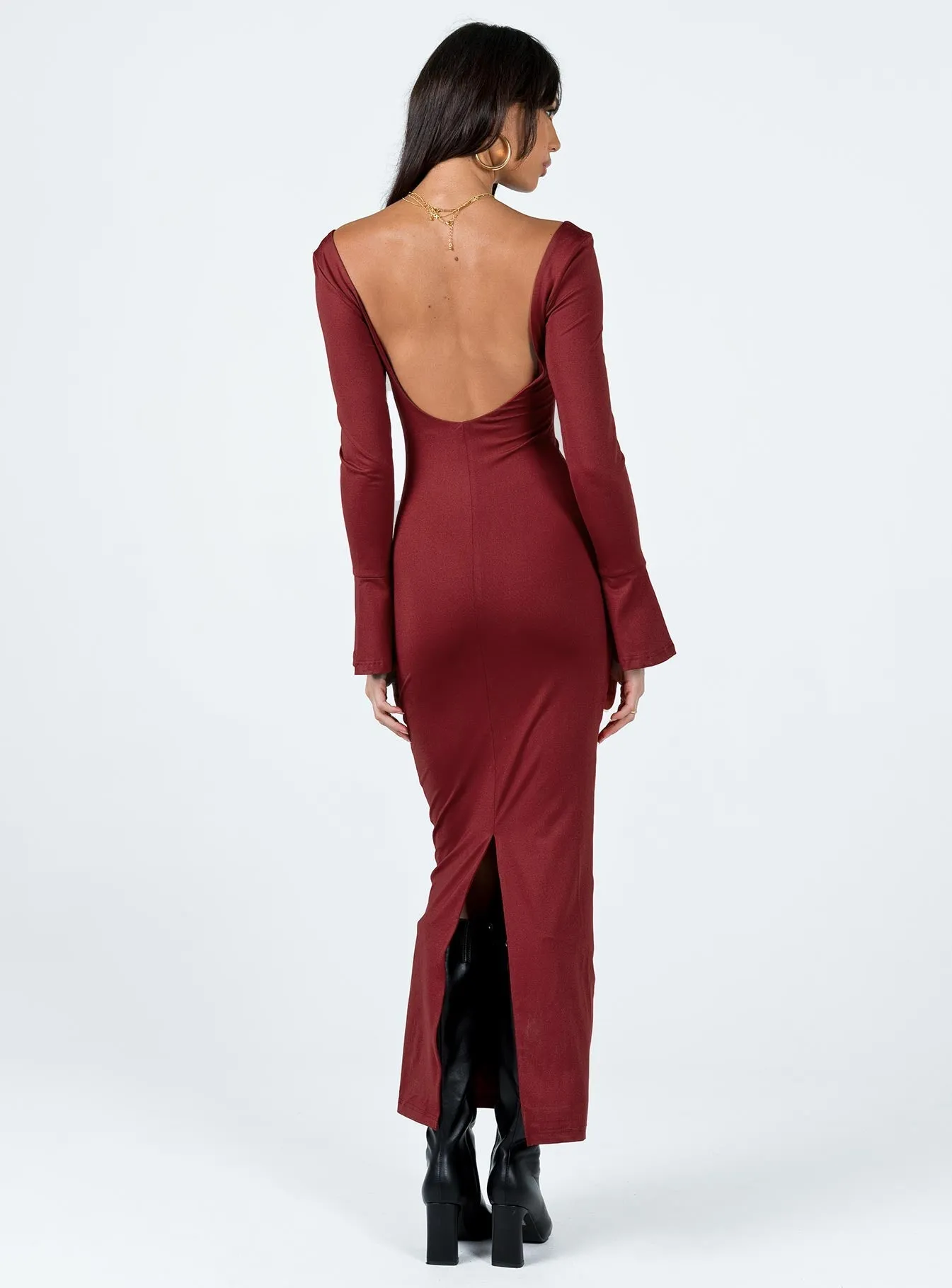 Belfa Long Sleeve Maxi Dress Burgundy Bodycon Fit