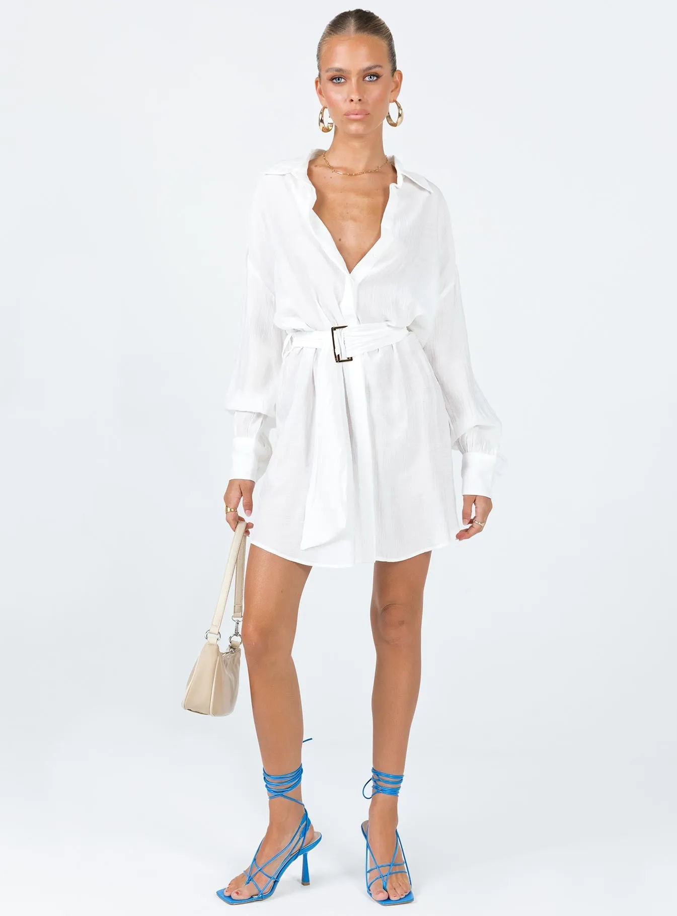 Contrast-Panel Luxe Wear Bilari Textured Fabric Shirt Dress White