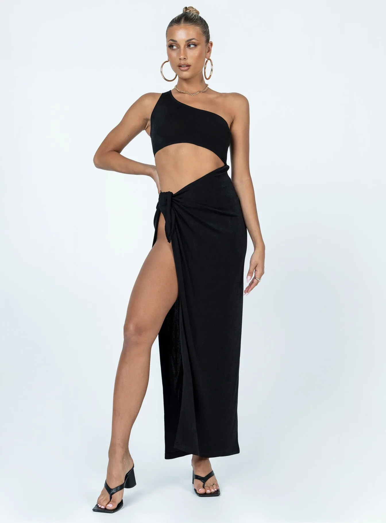 Elegant Style Back Detail Kola One Shoulder Maxi Dress Black
