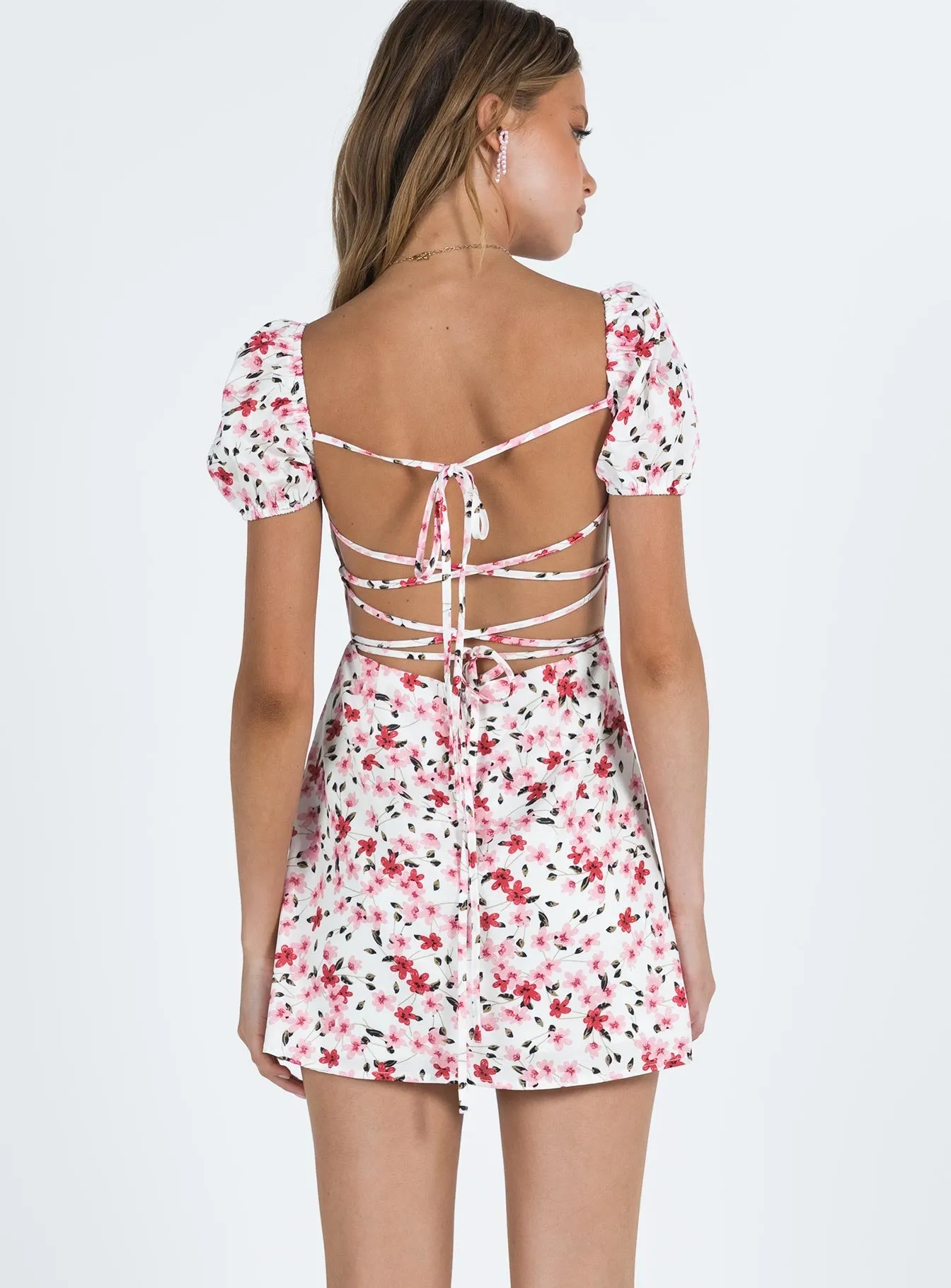 Havena Mini Dress White / Floral Skin Hug Gemstone-Detail