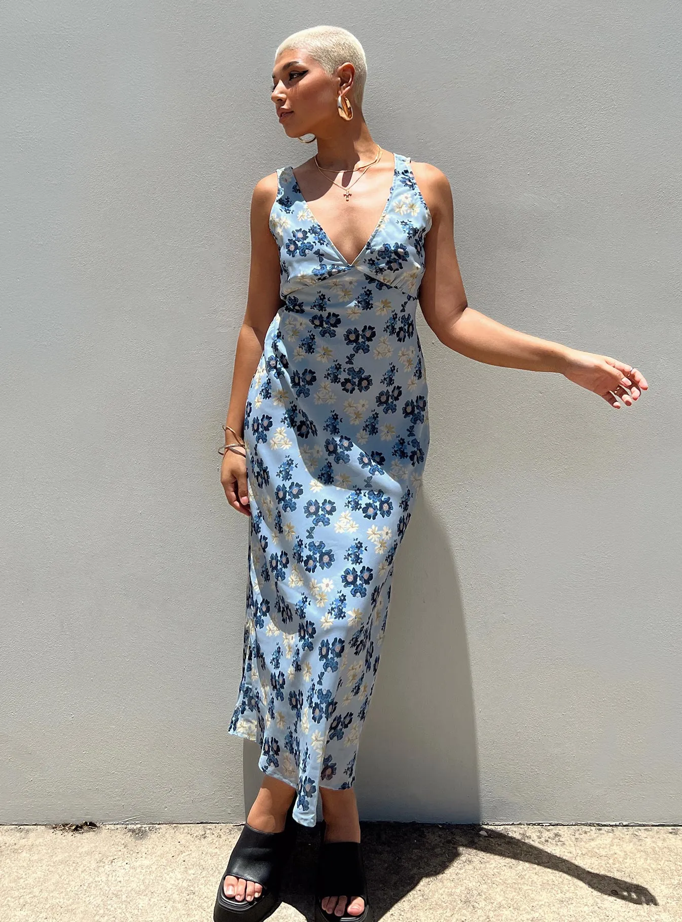 Mesh-Sleeve Nellie Maxi Dress Blue Floral