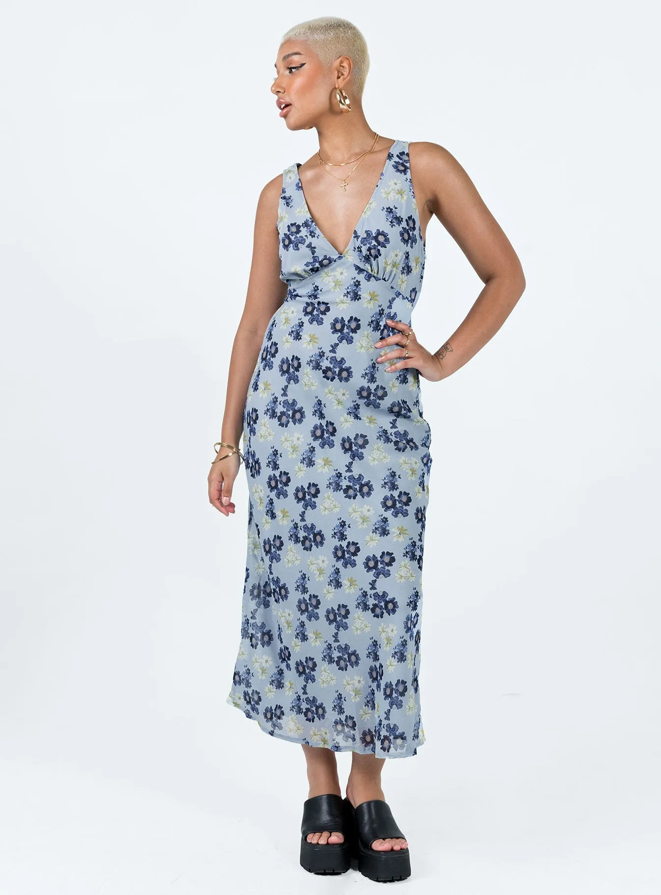Back Glow Sophisticated Waist Fit Nellie Maxi Dress Blue Floral
