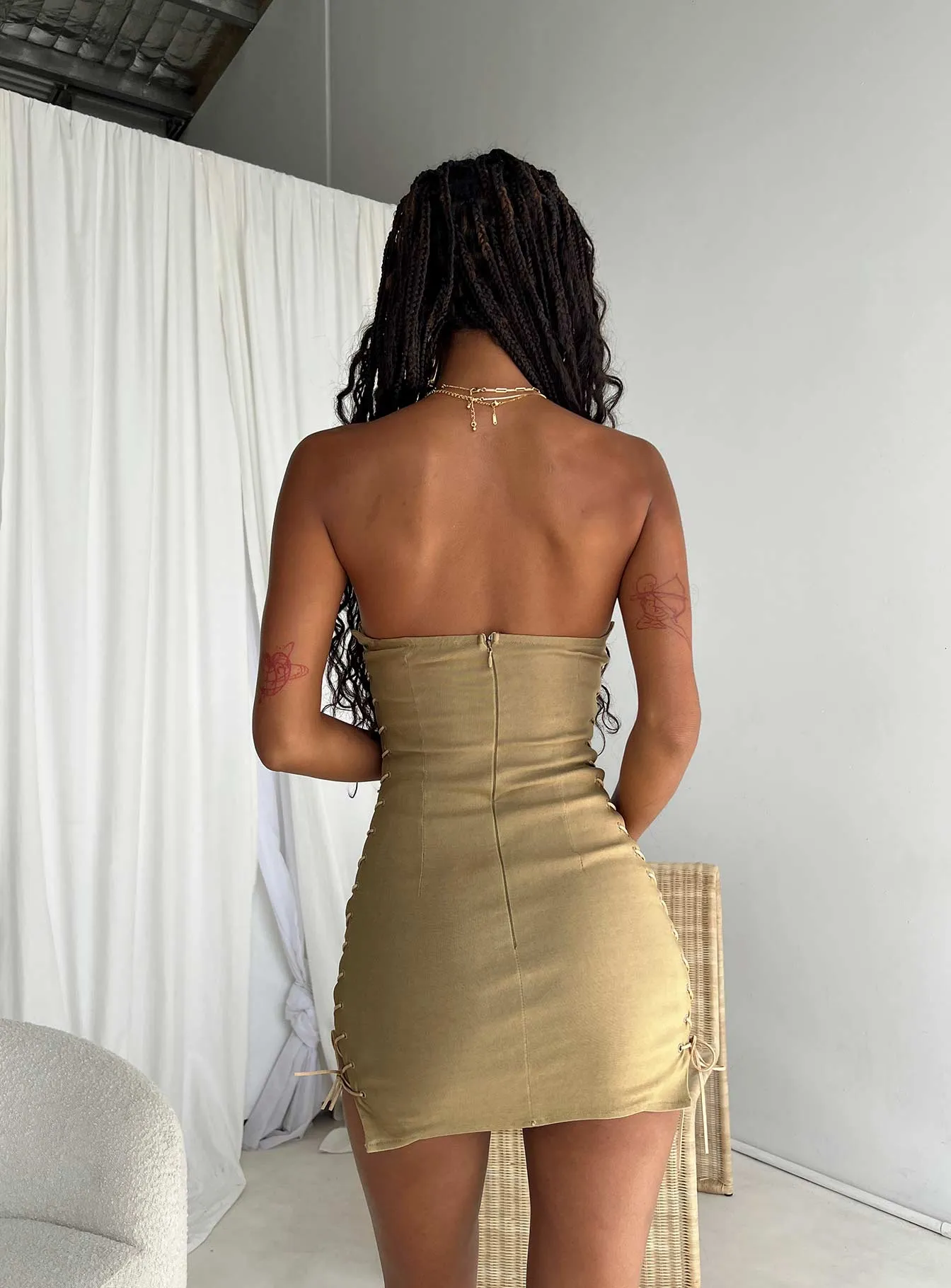 Motel Sanvi Mini Dress Tan Soft Waist