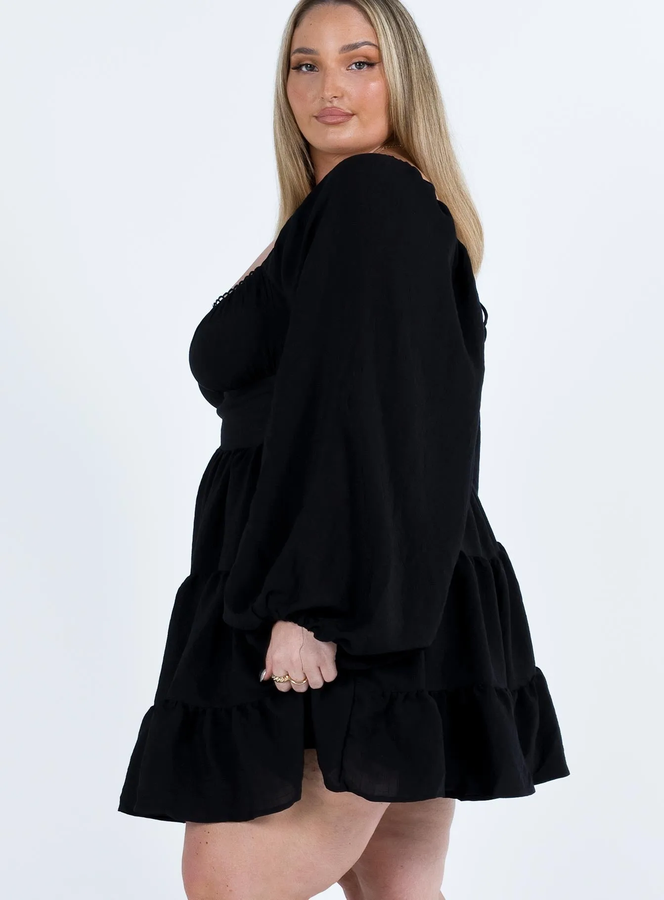 Feminine Mood Danny Long Sleeve Mini Dress Black Curve