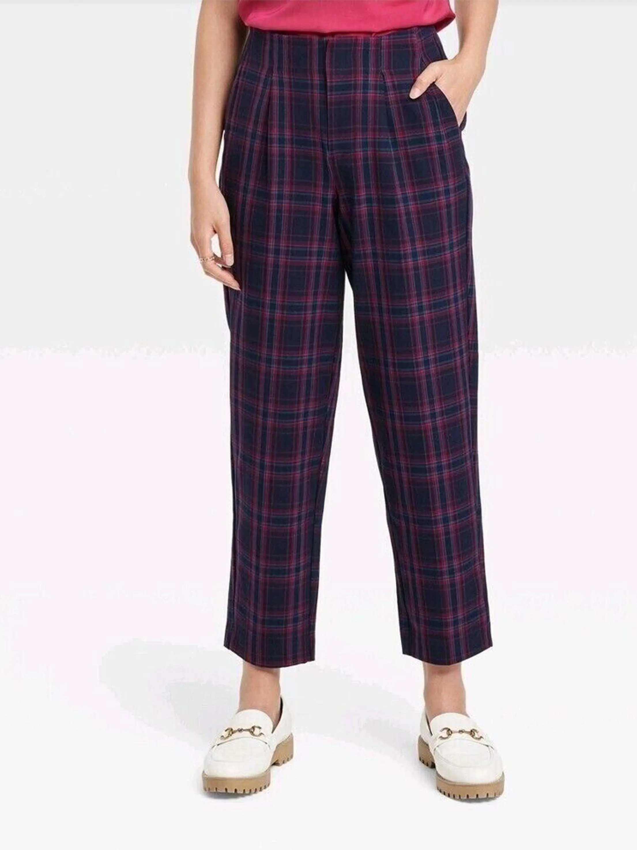 Women's Plaid Waistband Pant,Navy FrictionResistantEdging