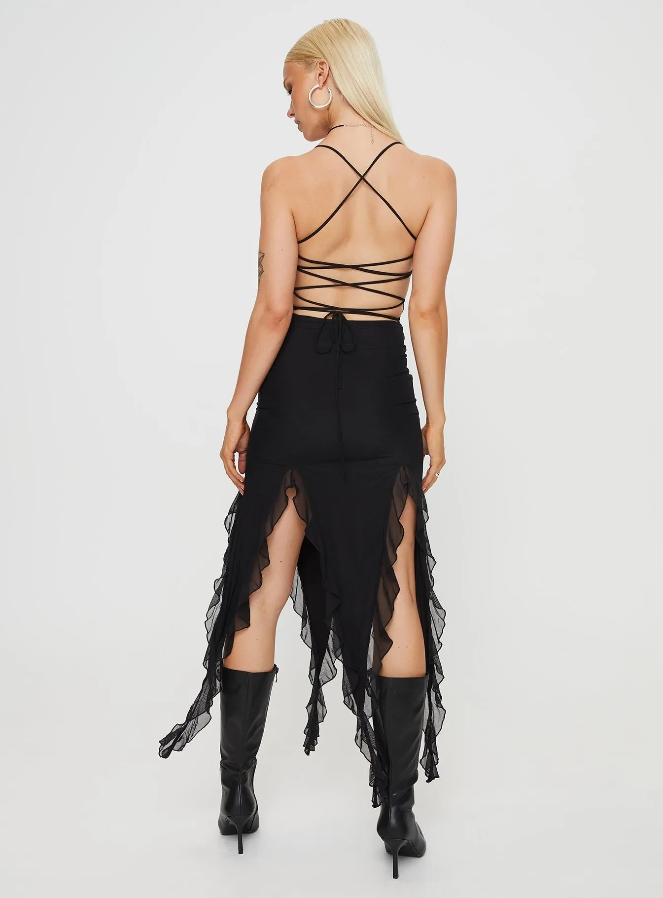 Marisol Midi Dress Black Ruffle-Detail