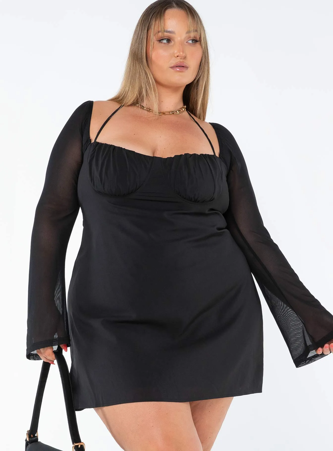 Comfortable Waistband Dyer Sheer Sleeve Mini Dress Black Curve