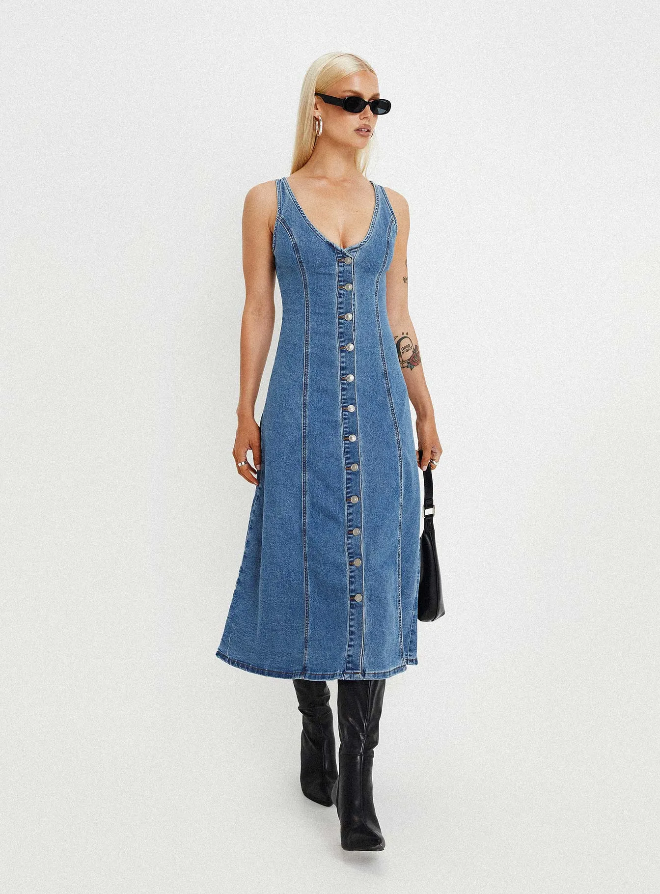 Timeless Layer Smooth Blend Midler Denim Midi Dress Mid Blue
