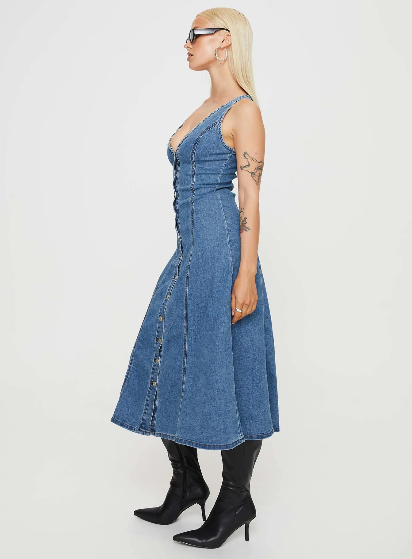 Midler Denim Midi Dress Mid Blue Satin-Edge Breezy Mood