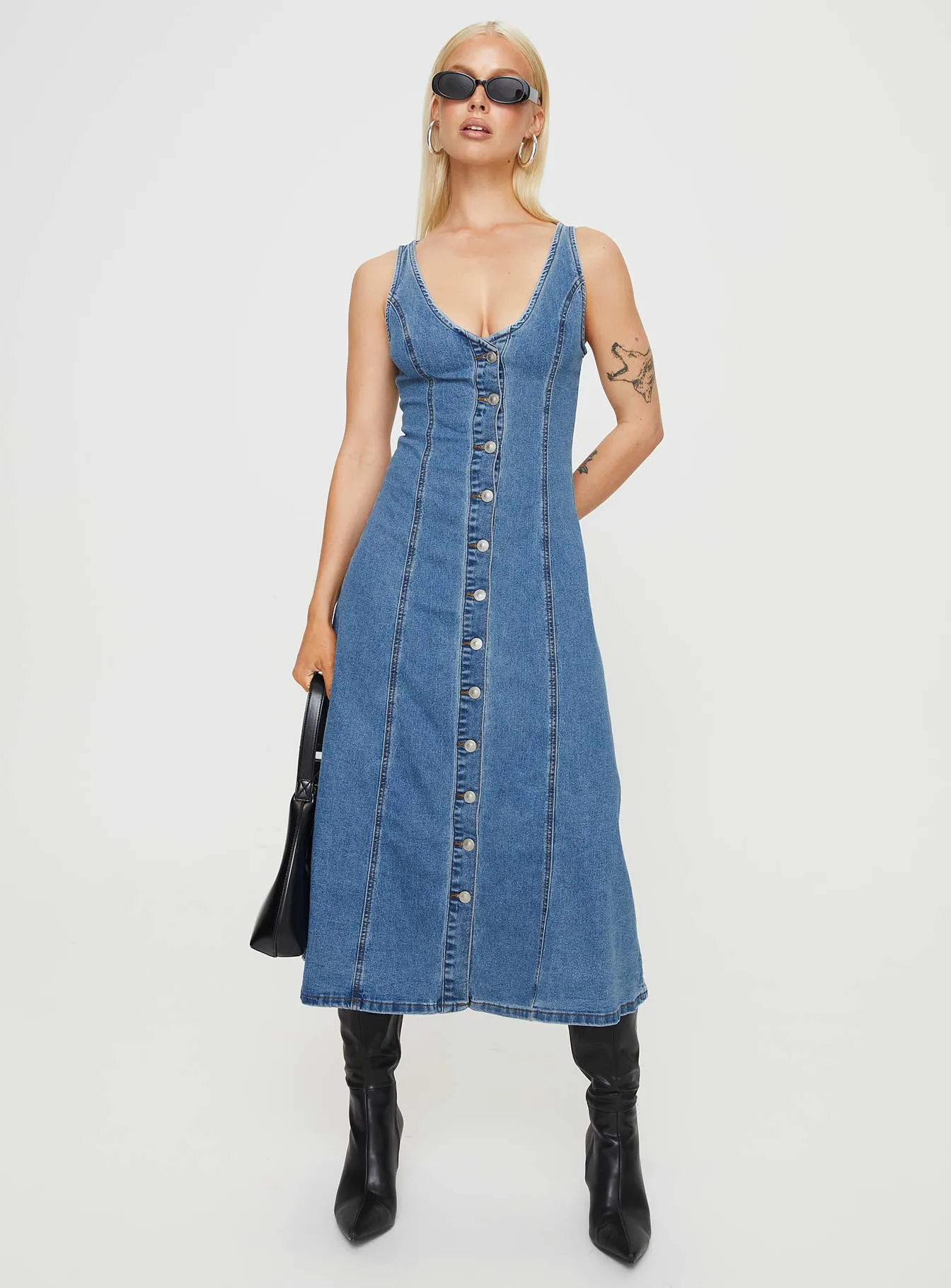 Shiny-Lining Stylish Fit Midler Denim Midi Dress Mid Blue