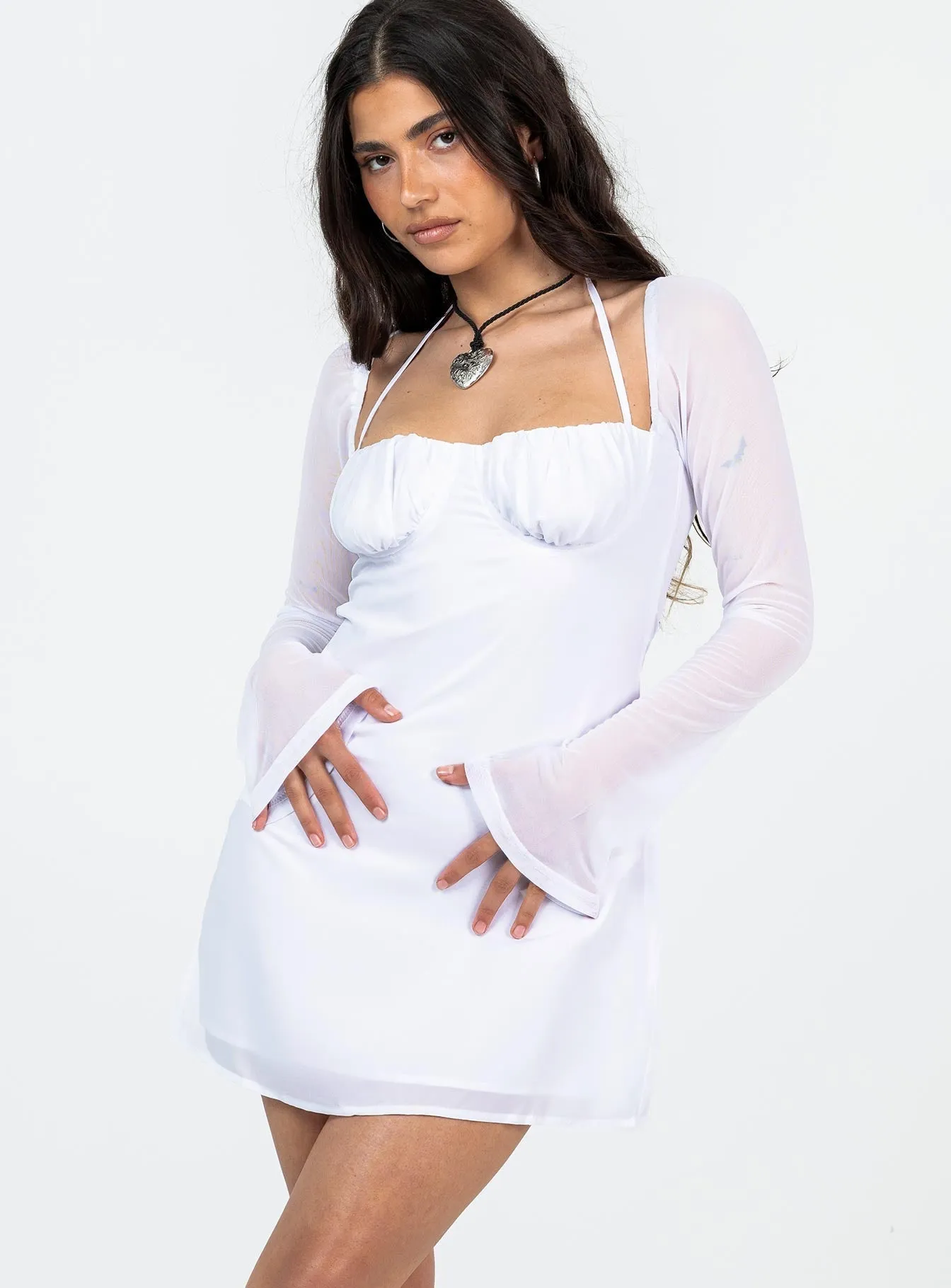 Dyer Sheer Sleeve Mini Dress White Petite Structured Fit