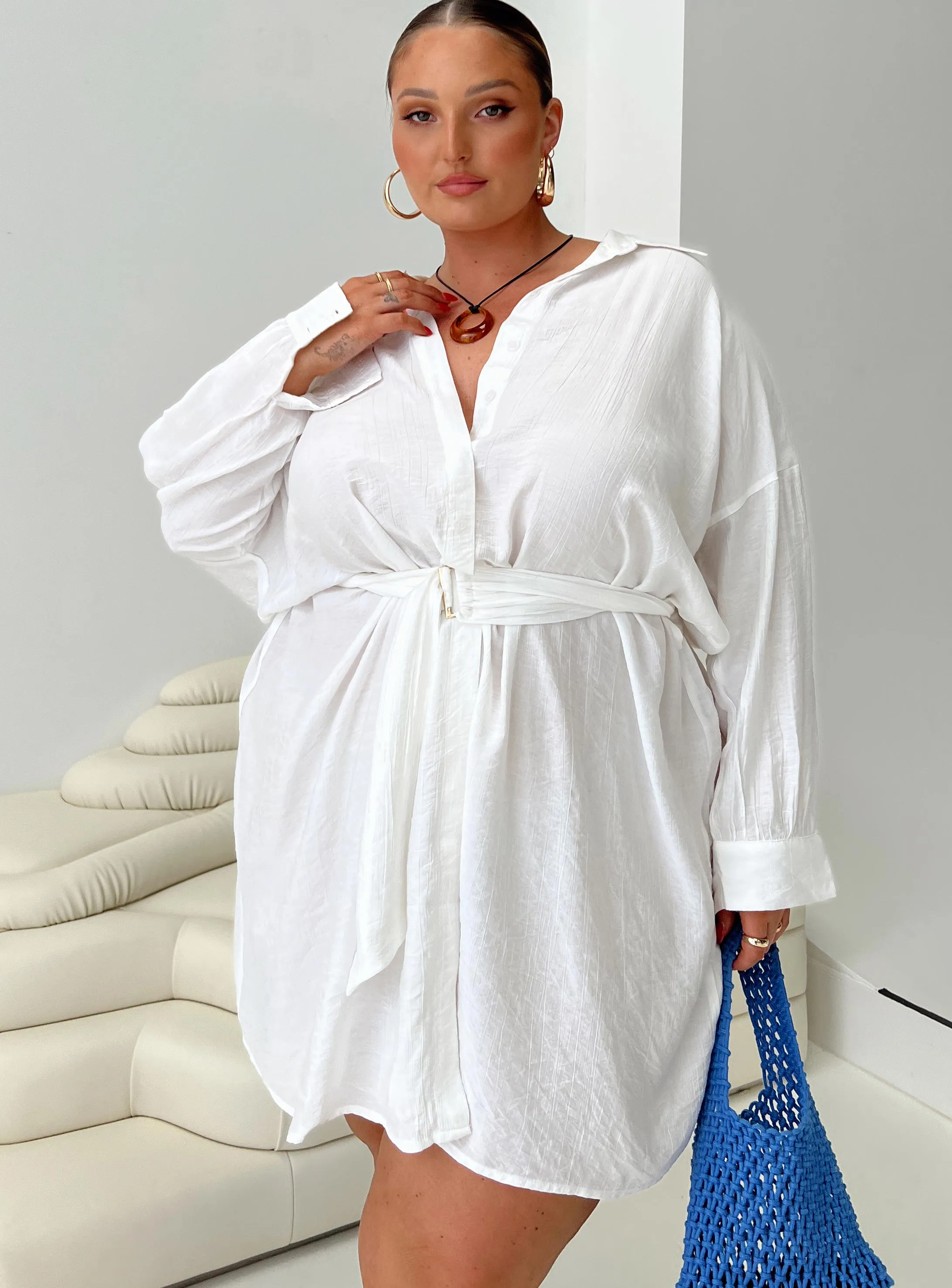 Party Perfect Bilari Textured Fabric Shirt Dress White Curve