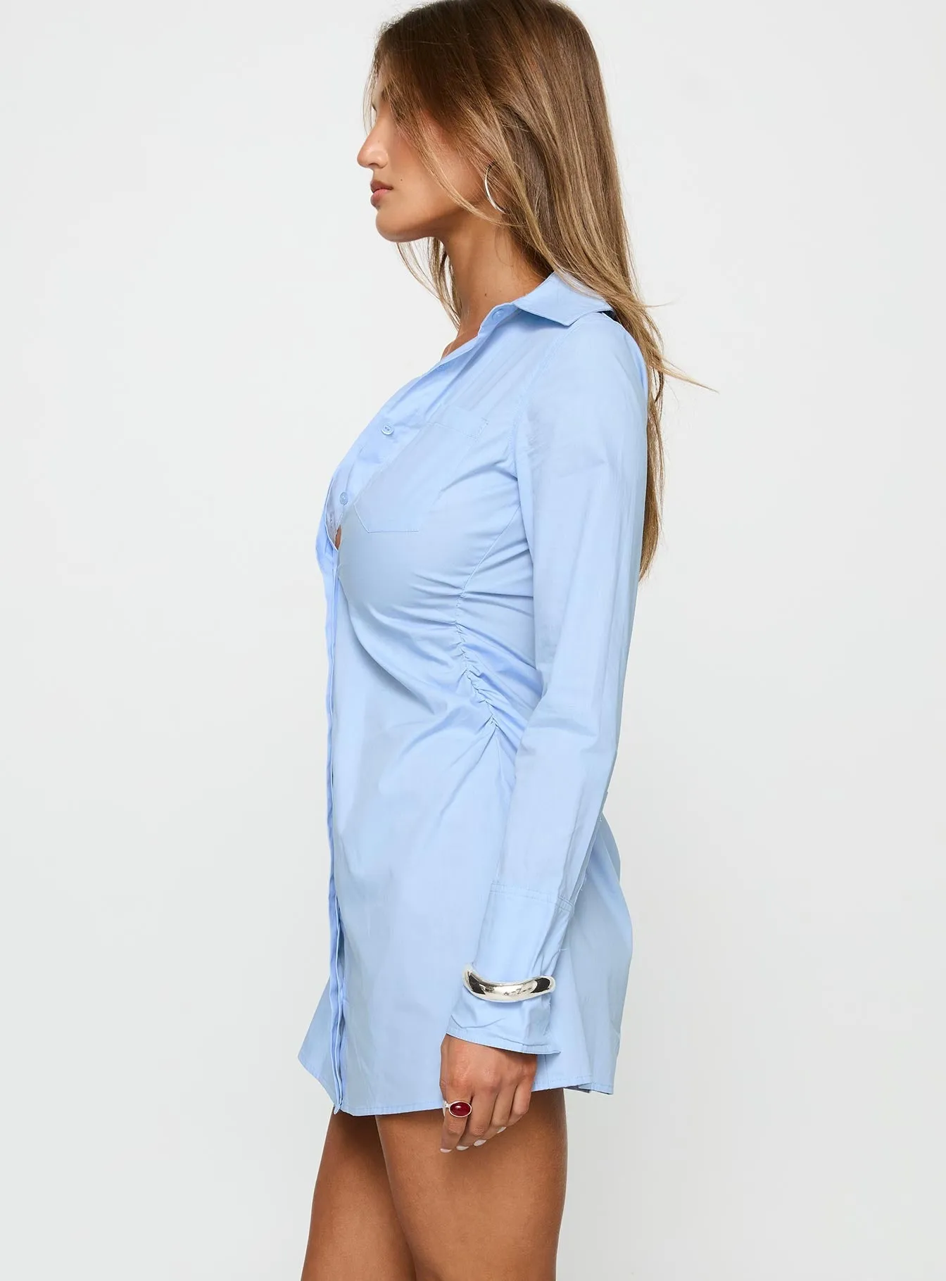 Summer Air Cesarina Ruched Shirt Mini Dress Blue