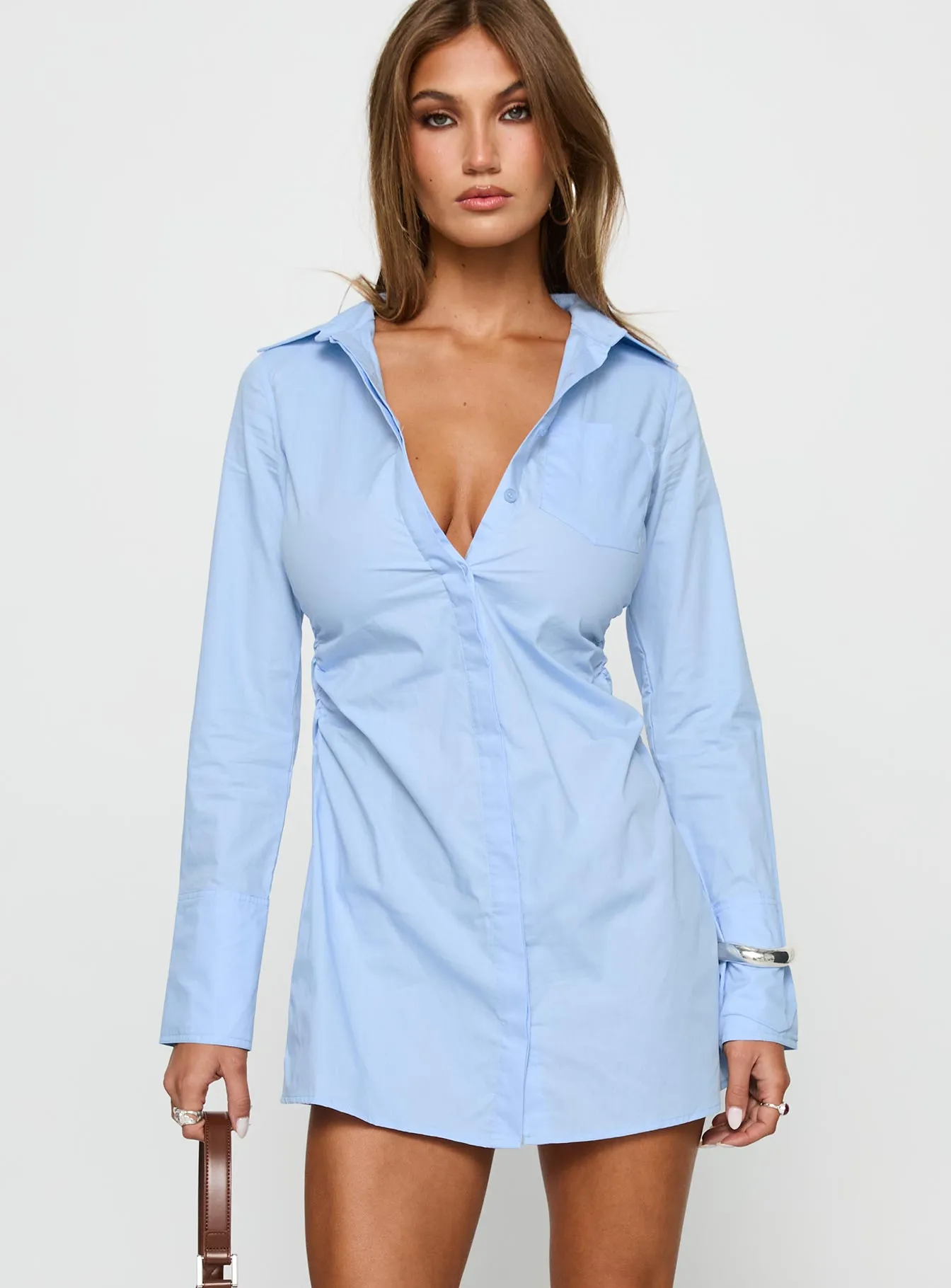 Cesarina Ruched Shirt Mini Dress Blue Lounge Ready