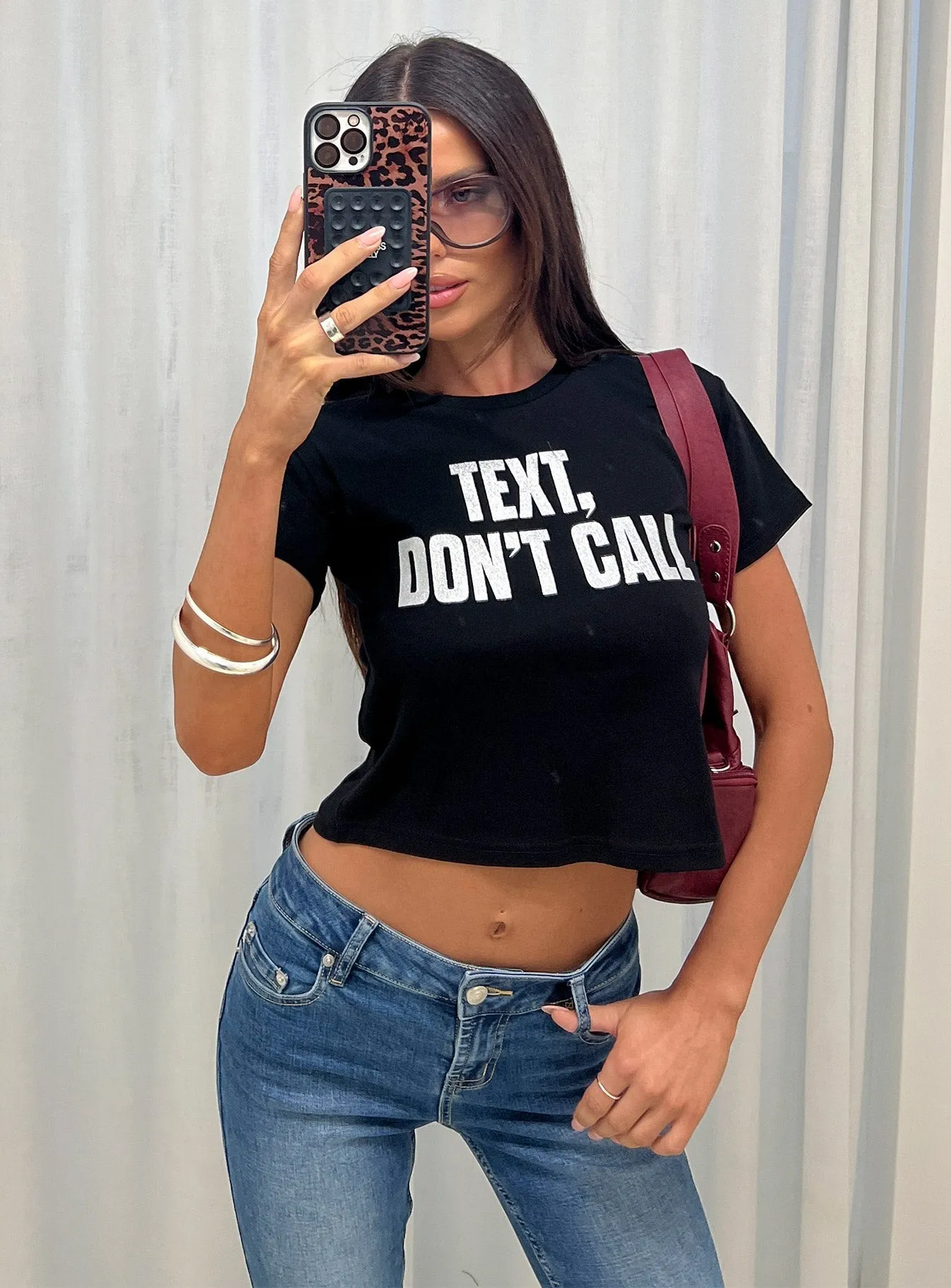 AllSeasonWear Text, Don't Call Shimmer Graphic Top Black