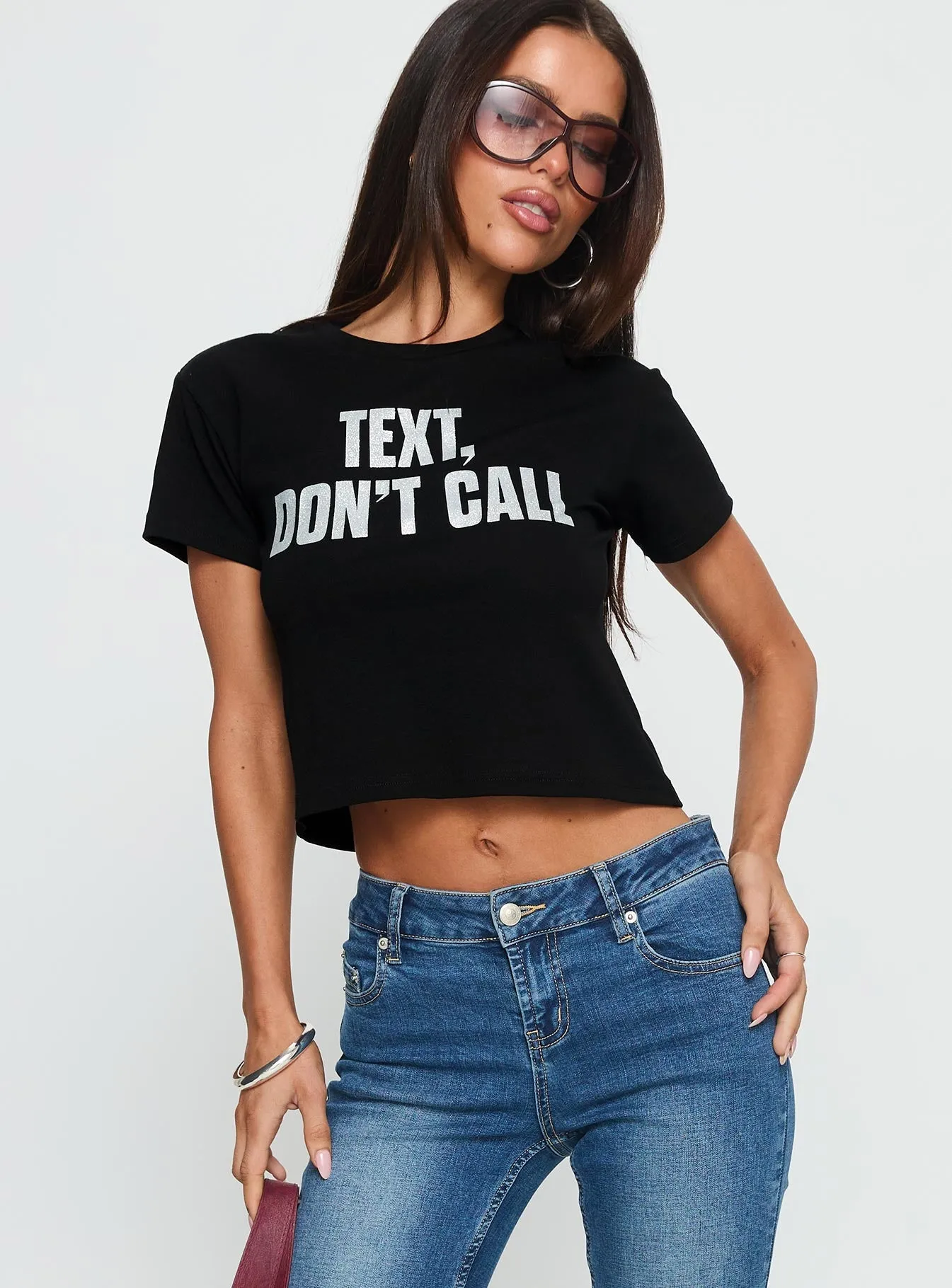 Travel convenience Text, Don't Call Shimmer Graphic Top Black