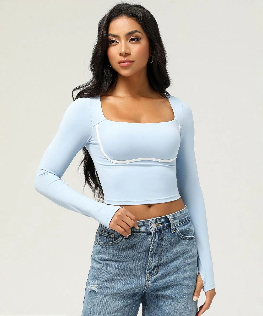 Square Neck Long Sleeve Slim Fitted Crop T-Shirt All Day Colorfast Technology
