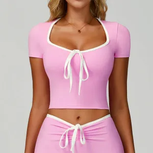 Short Sleeve Bow Sport Crop Tops Color Block Tees Antistatic TaglessCollar