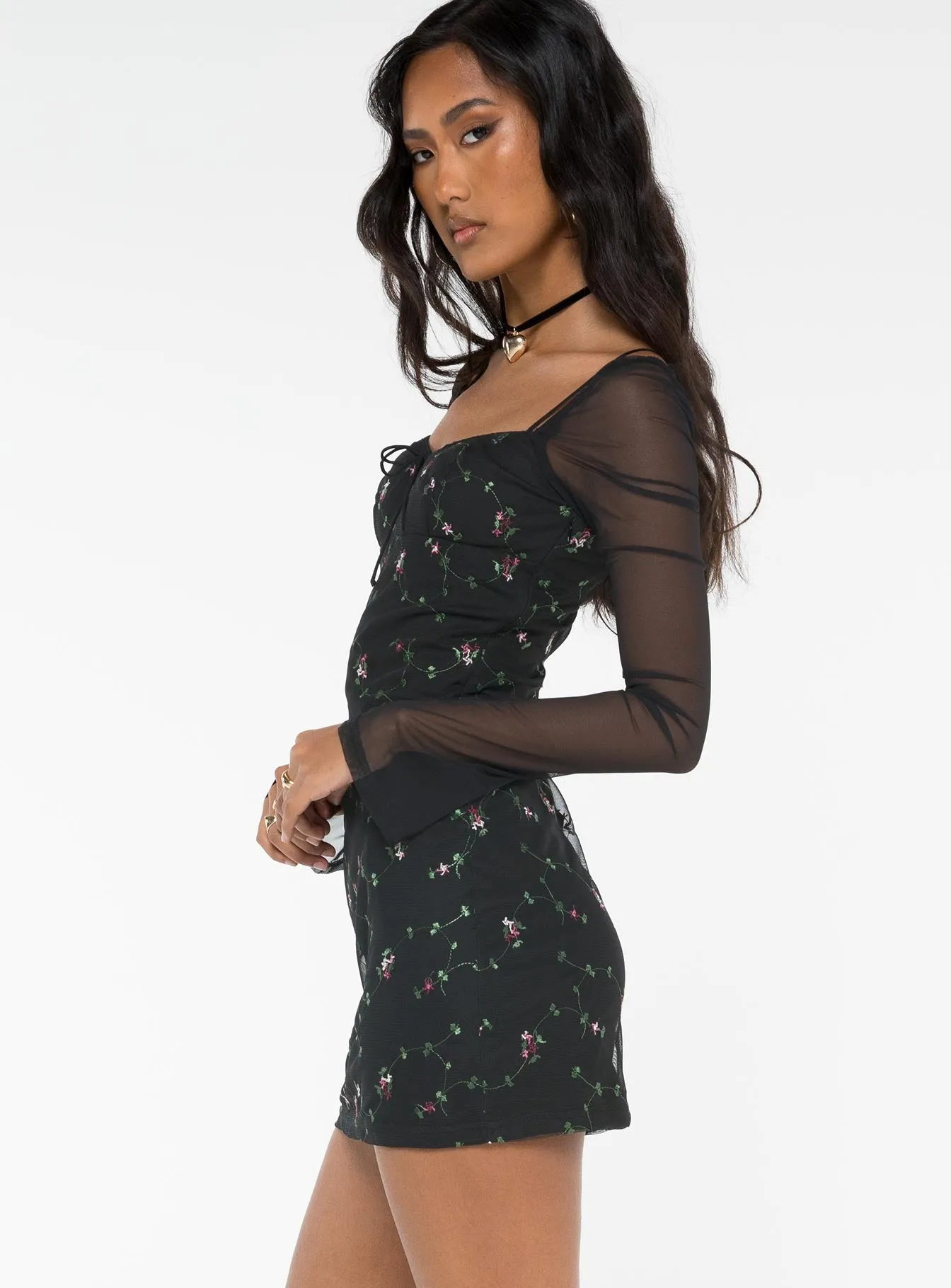 Underwire-Support Quinny Long Sleeve Mini Dress Black