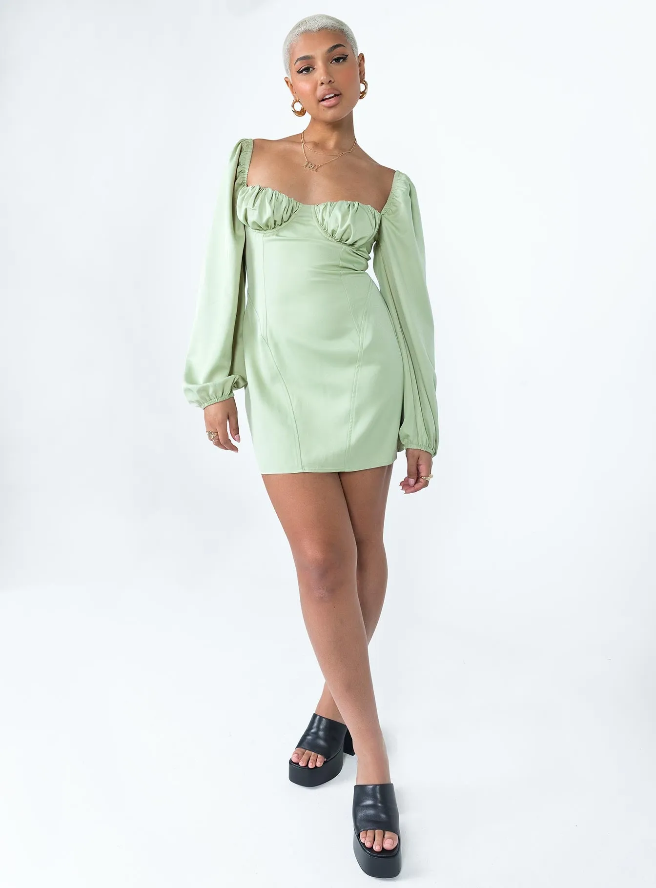 Be Mine Long Sleeve Mini Dress Green Timeless Fit Look Vibrant Waist